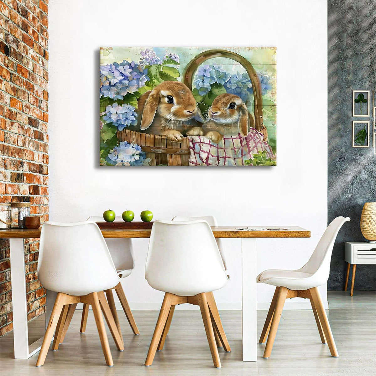 Rabbits Wall Art Easter Wall Decor Blue Flower in Basket Picture Canvas Prints Funny Bunny Poster Vintage Animals Painting Farmhouse Rustic Artwork Kitchen Bedroom Living Room Home Decoration 32x48" (48"L x 32"W / Rabbit)