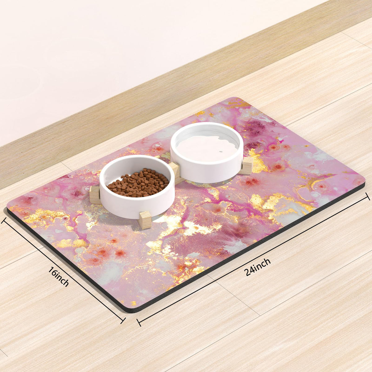 Dog Food Mat 16" x 24" Absorbent Dog Cat Bowl Mat for Food and Water (Pink Gold Abstract / 16"L x 24"W)