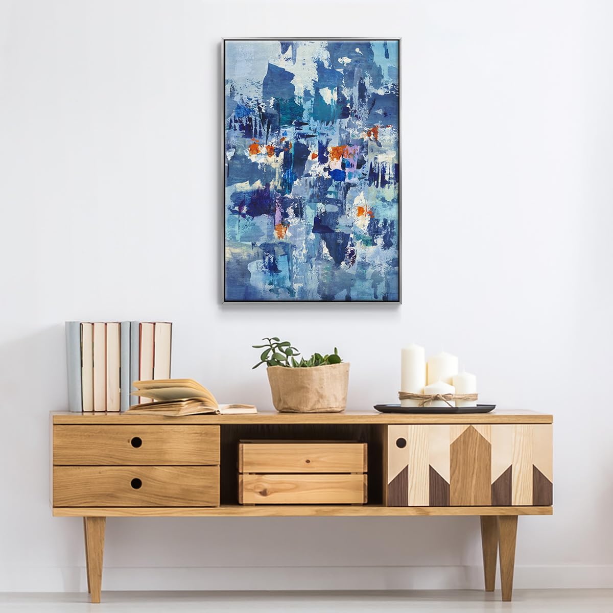 Canvas Art Silver Floater Framed Prints Rustic Teal Blue Brushstrokes Splash Abstract Wall Decorations for Kitchen Hotel Restaurants Walls (37"L x 25"W / Reticent III)