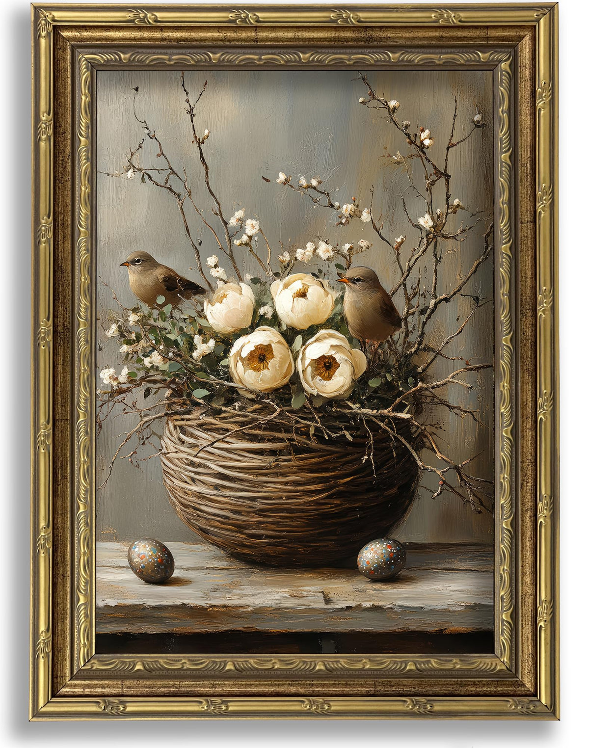 Vintage Gold Framed Floral Canvas Wall Art (Basket Floral / 16"L x 12"W)