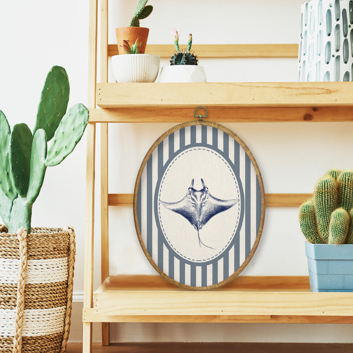 Blue Coastal Beach Manta Ray Fish Oval Wall Art Decor (Color050)