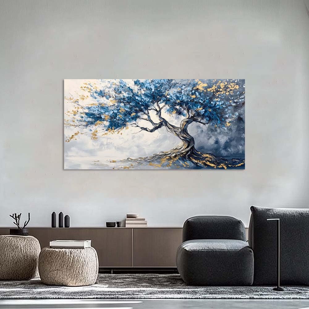 Blue and Gold Tree of Life Canvas Wall Art Modern Abstract Botanical Painting Flat Print Gallery Wrapped Artwork for Living Room Bedroom Bathroom Decor (Bohemian / White Tree of Life 28 / 46"L x 23"W)
