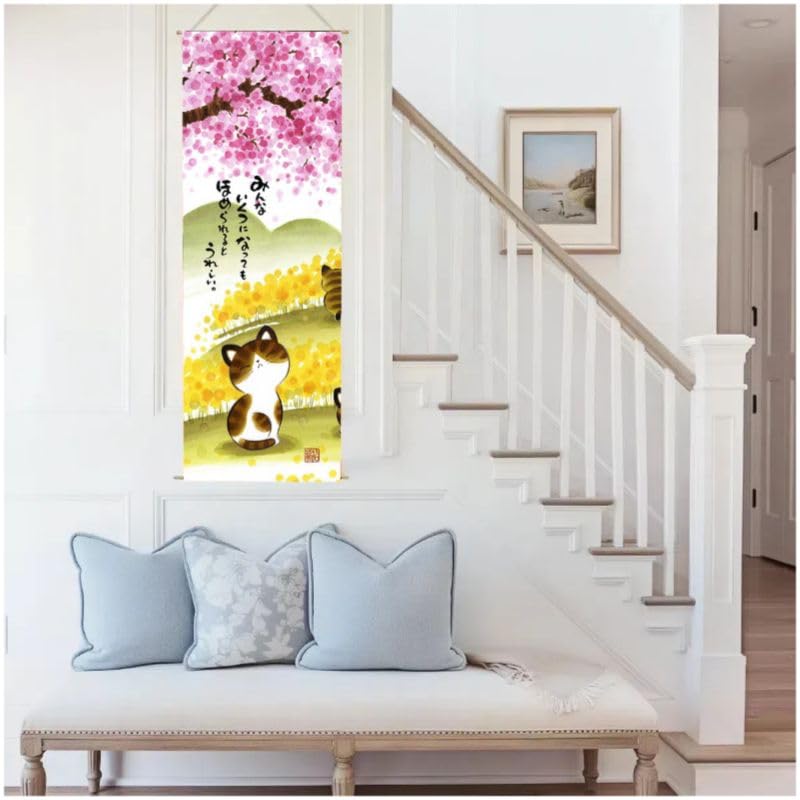 Japanese Scroll Wall Art Decorations Thin Tapestry Asian Room Decort Hanging Scroll for Living Room (Sakura and Cat)