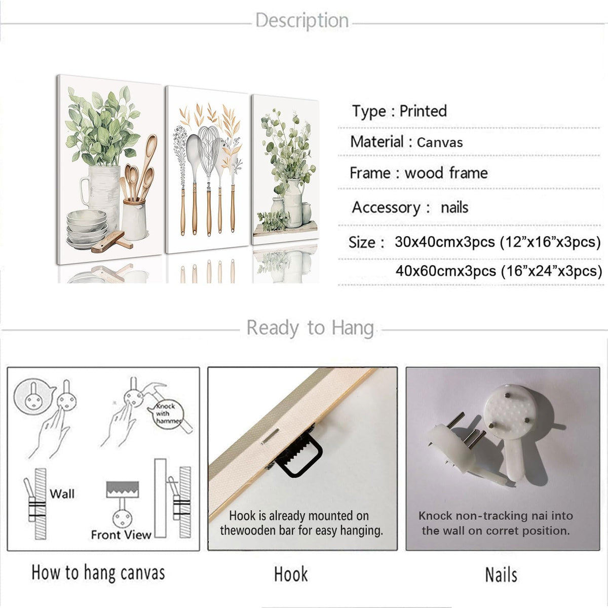 Kitchen Wall Decor 3 Piece Sage Green Botanical Prints 16"x24" (Kitchenware Flowers / 16x24in)