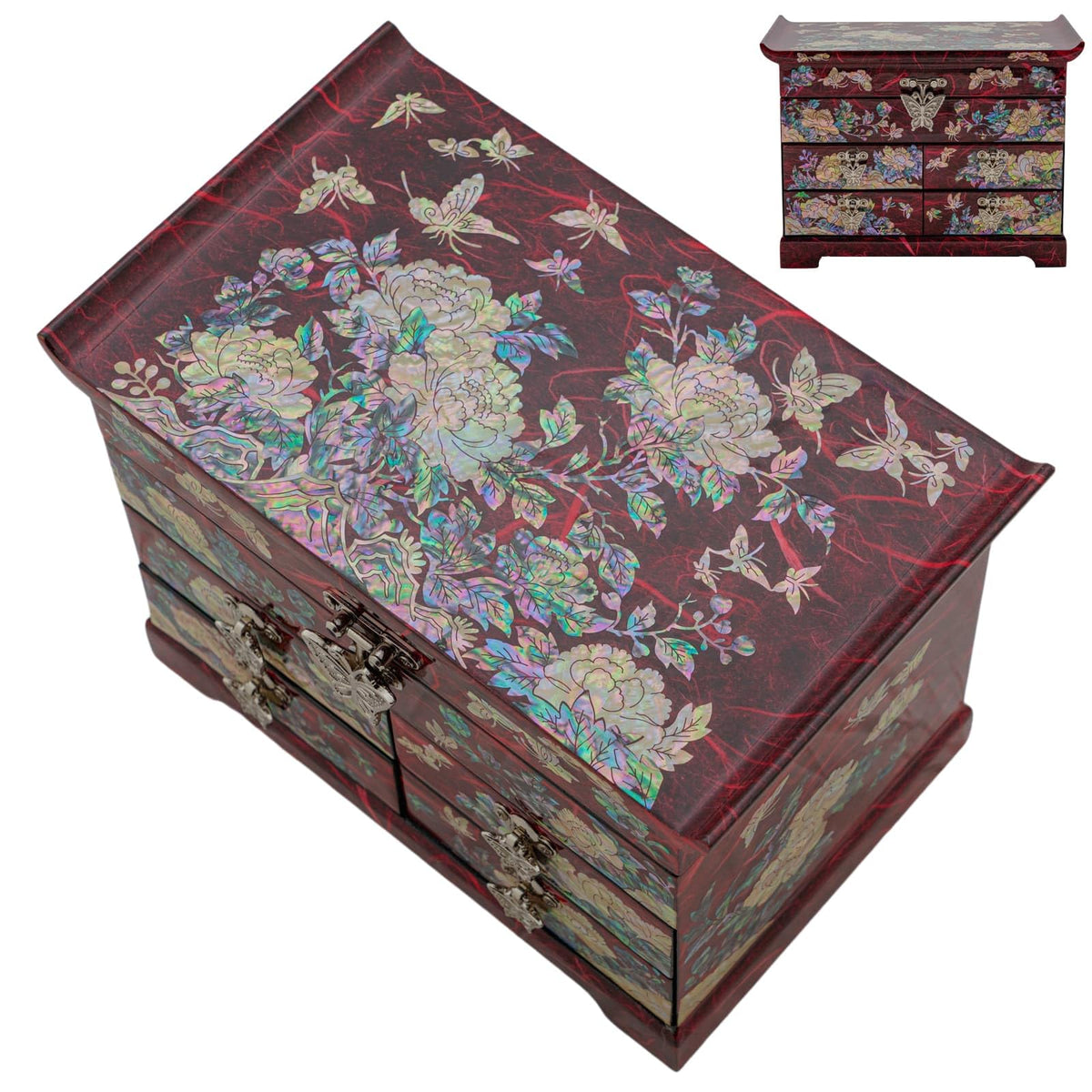 Mother of Pearl Wooden Jewelry Organizer Box (Peony_Red)