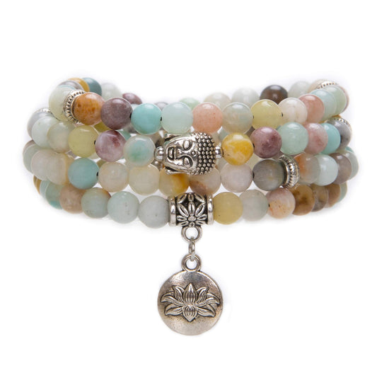 108 Mala Beads Necklace Beaded Wrap Bracelets Genuine Gemstone Mala Prayer Beads Lotus Charm Yoga Meditation Necklace (Amazonite-Lotus OM-Buddha)