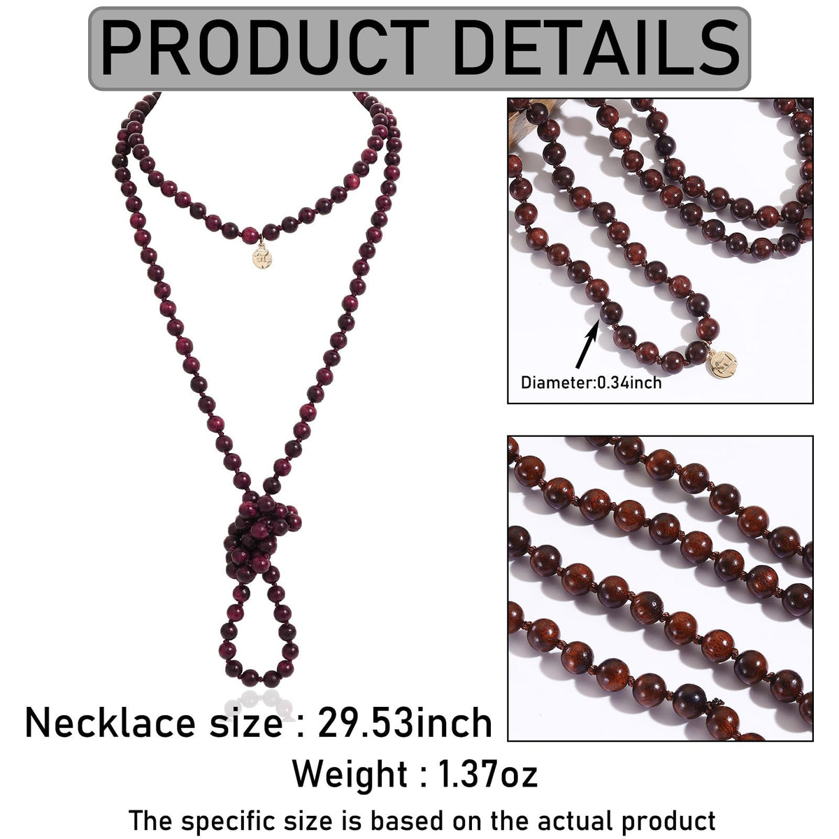 Fashion Natural Round Wood Beads 60'' Long Strand Art Deco Necklace for Women (Red XT)