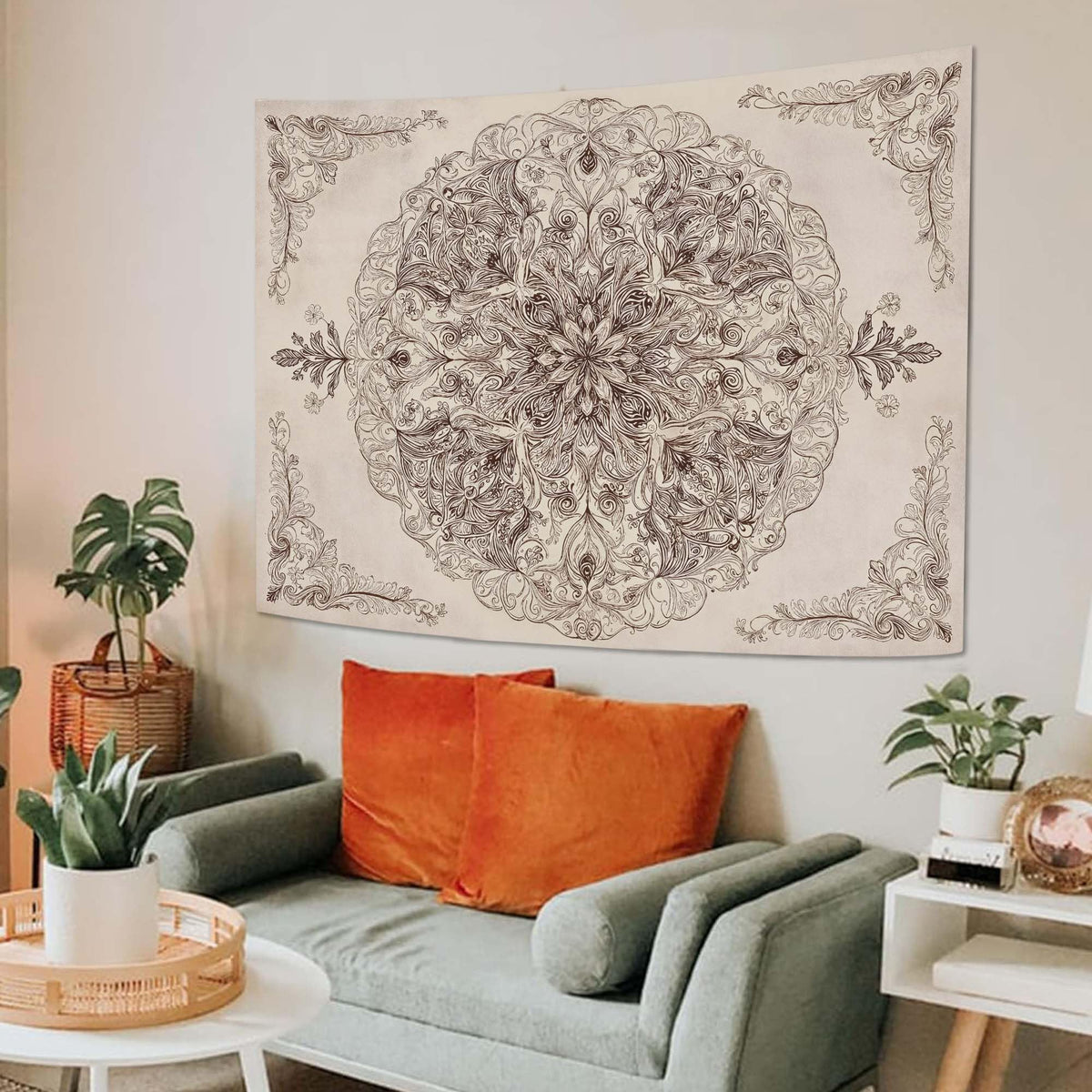 Vintage Floral Mandala Tapestry (80"L x 60"W / Ivory)