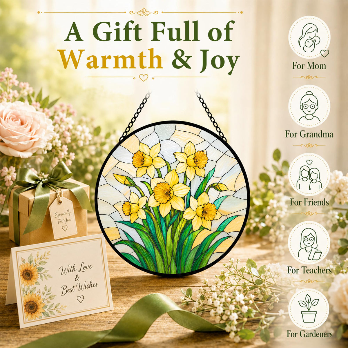 Daffodil Gifts for Women Suncatcher Stained Glass Window Hanging 9.8in (Daffodil / 9.8 x 9.8 IN)