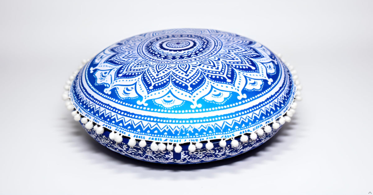 32" Large Round Bohemian Floor Pillow Cover Boho Pouf Cover Mandala Meditation Room Pillows Cover Adults Seating Poufs Cushion Cover for Kids Reading Playroom Blue Ombre (Blue Ombre)
