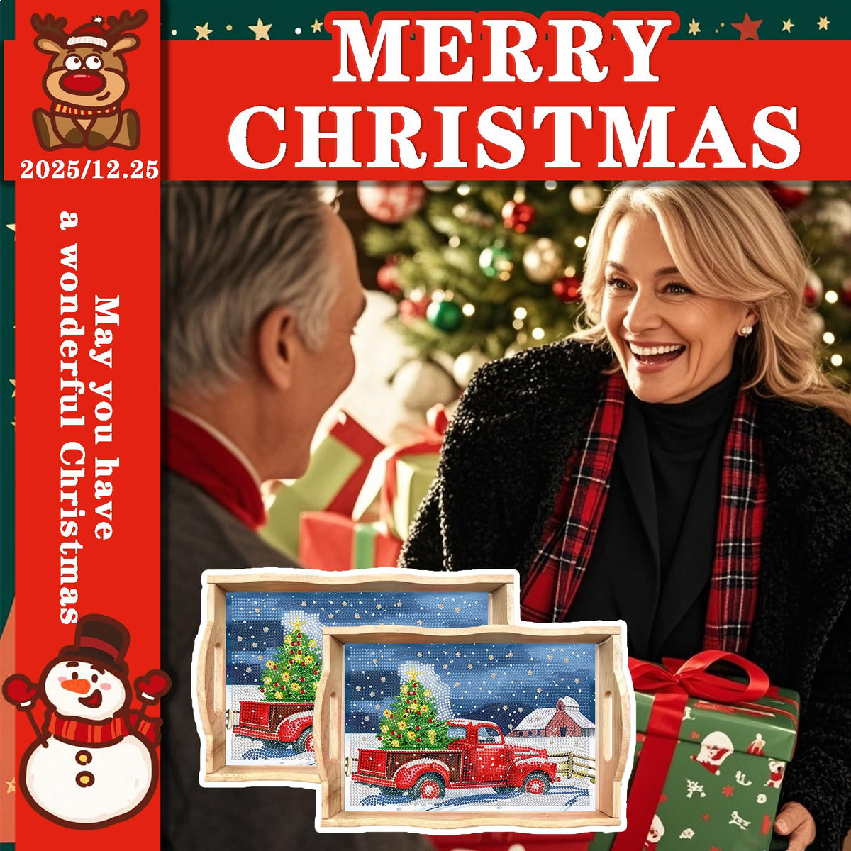 Christmas Diamond Painting Serving Tray with Handle for Beginners (Christmas Red Truck Small)