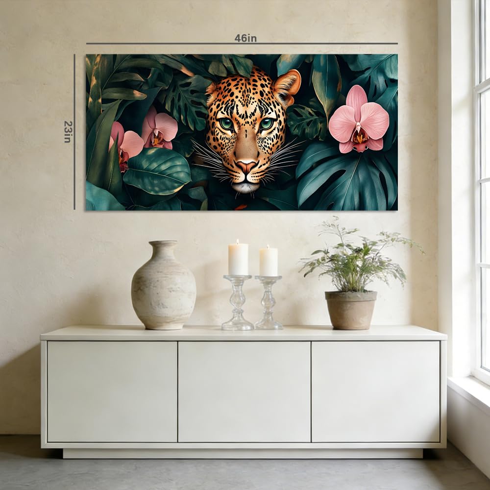 Tropical Jungle Leopard Canvas Wall Art Dark Green Monstera Leaves Pink Orchid Flower Wildlife Painting Print Gallery Wrapped Artwork for Living Room Living Room Bedroom Bathroom Decor (Abstract / White Leopard Jungle 2 / 46"L x 23"W)
