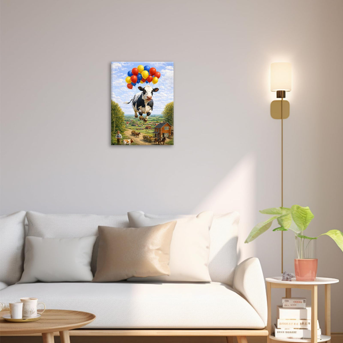 Farmhouse Dairy Cow Wall Art Funny Cow Wall Decor Farm Painting Balloon Canvas Pictures for Bathroom Kitchen Dining Room Living Room 12"x16" (Balloon Cow / 16"L x 12"W)