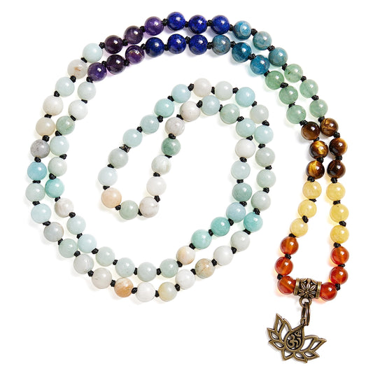 108 Mala Beads Necklace 7 Chakra Semi (6mm / Lotus OM - Amazonite)