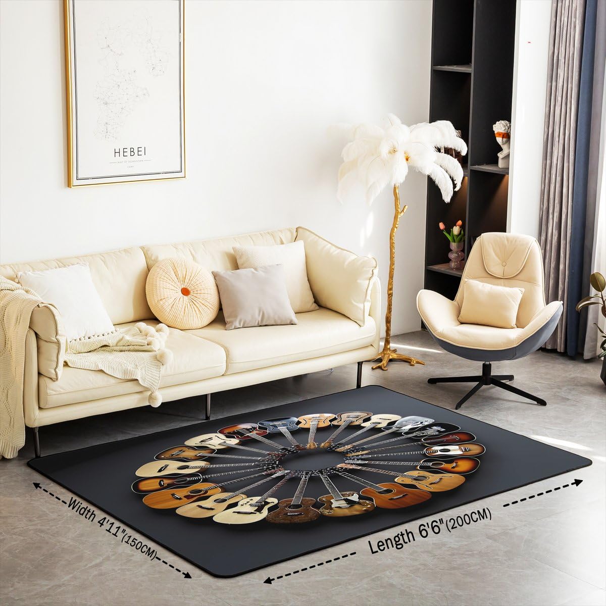 Round Guitar Area Rug 5x7 Musical Instruments (Black Brown Grey / 4'11" x 6'6" (Rectangular))
