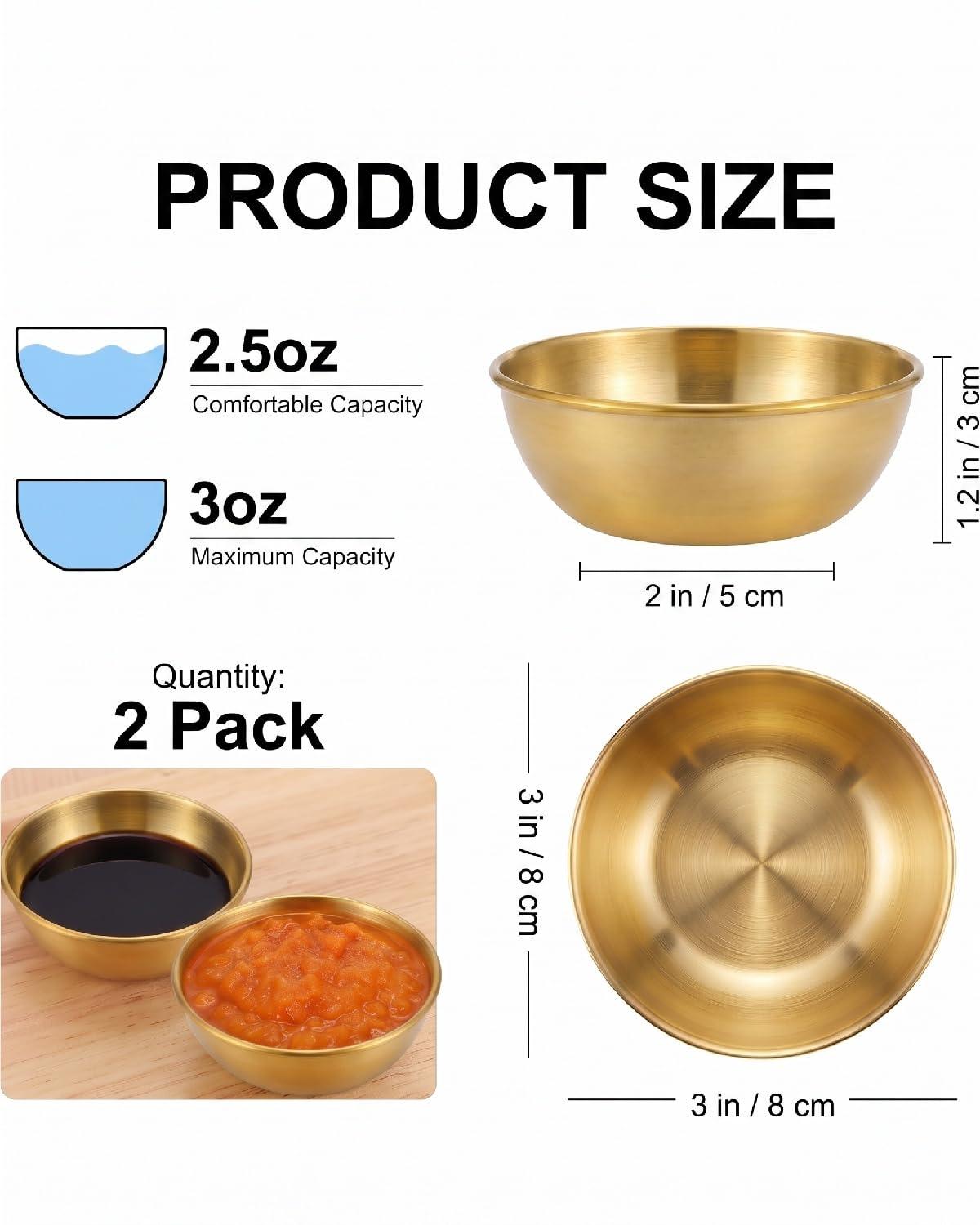 2PCS Stainless Steel 3in Dipping Bowls for Sauce & Condiments (3.14 inches (Diameter) x 0.98 inches (Height))