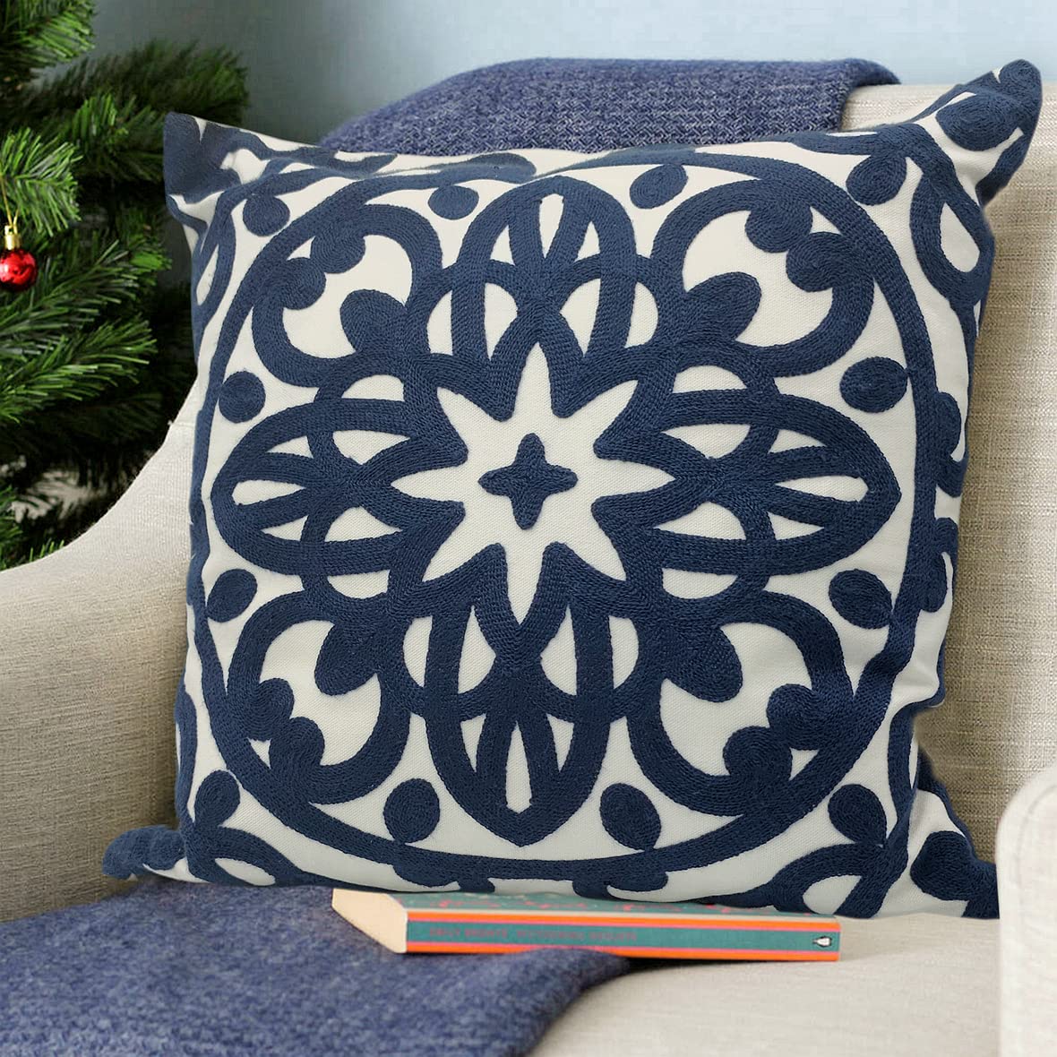 Embroidered Decorative Throw Pillow Cover 18"x 18" (Navy / 18" x 18" (Pack of 1))