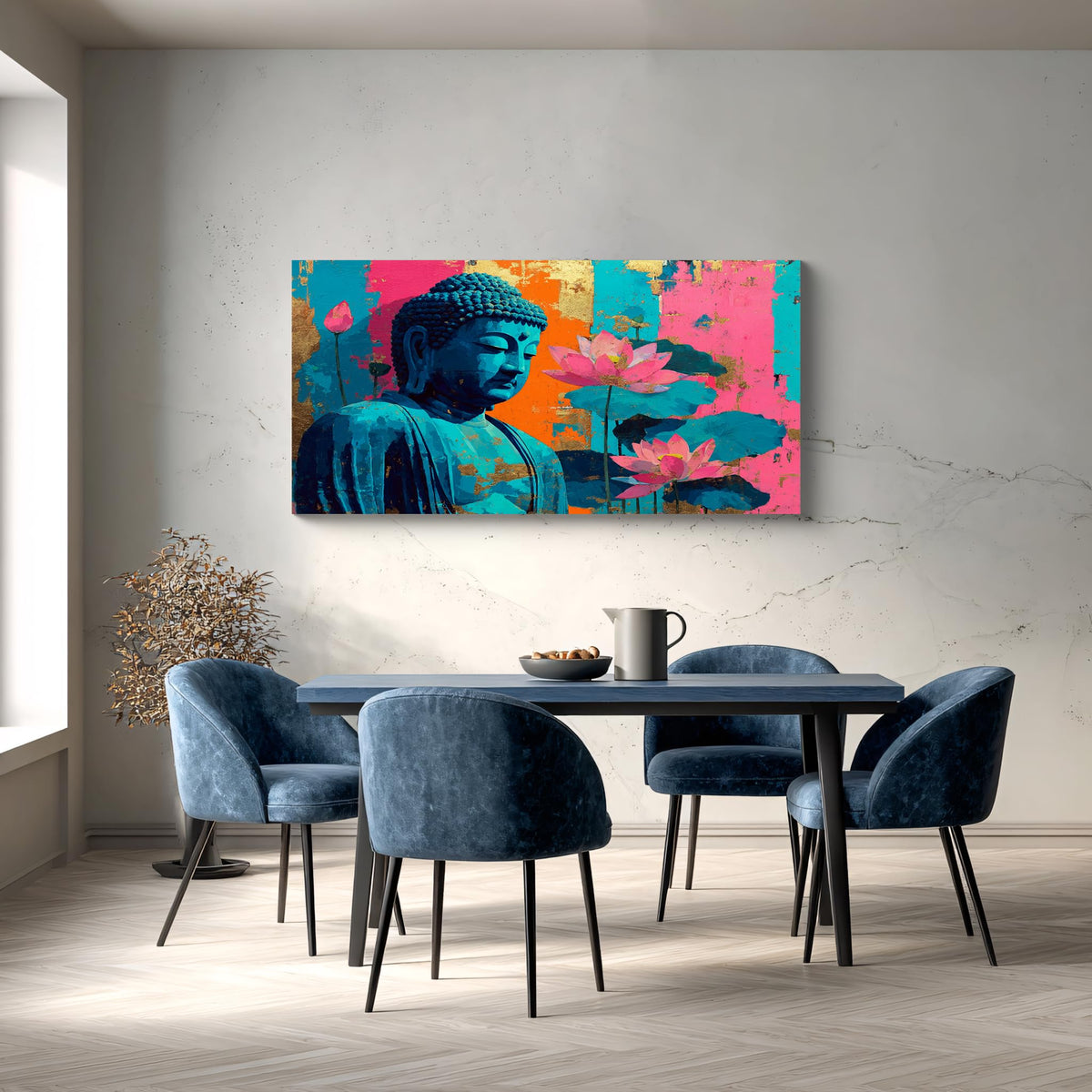 1Pcs Colorful Buddha Lotus Flower Wall Art Canvas Print with Gold Foil Vibrant Zen Meditation Decor Modern Asian Spiritual Artwork for Living Room Bedroom Yoga Studio (40"L x 20"W / 1PCS-Blue Buddha)