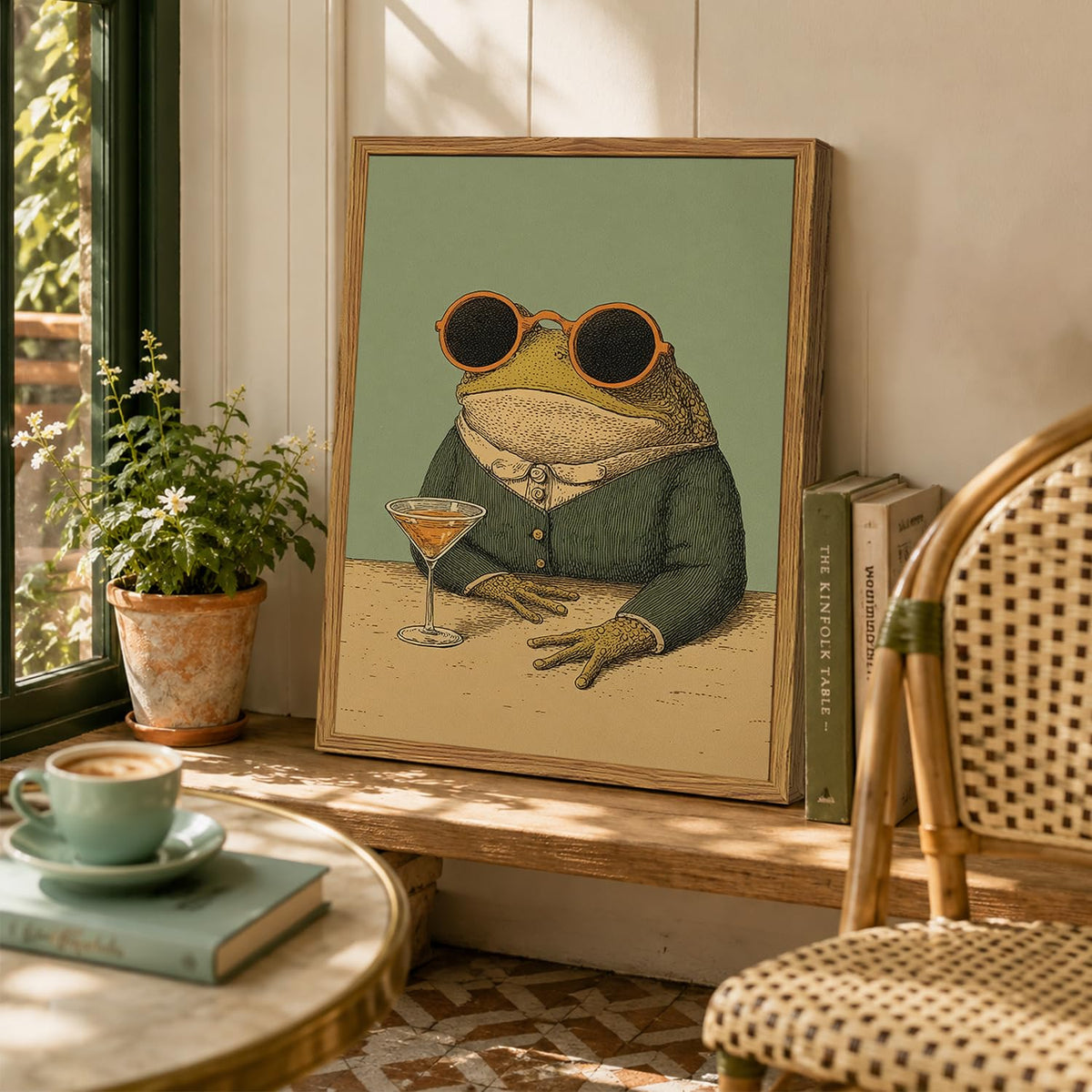 Framed Funny Frog Wall Art (Whimsical frog / 24"L x 16"W)