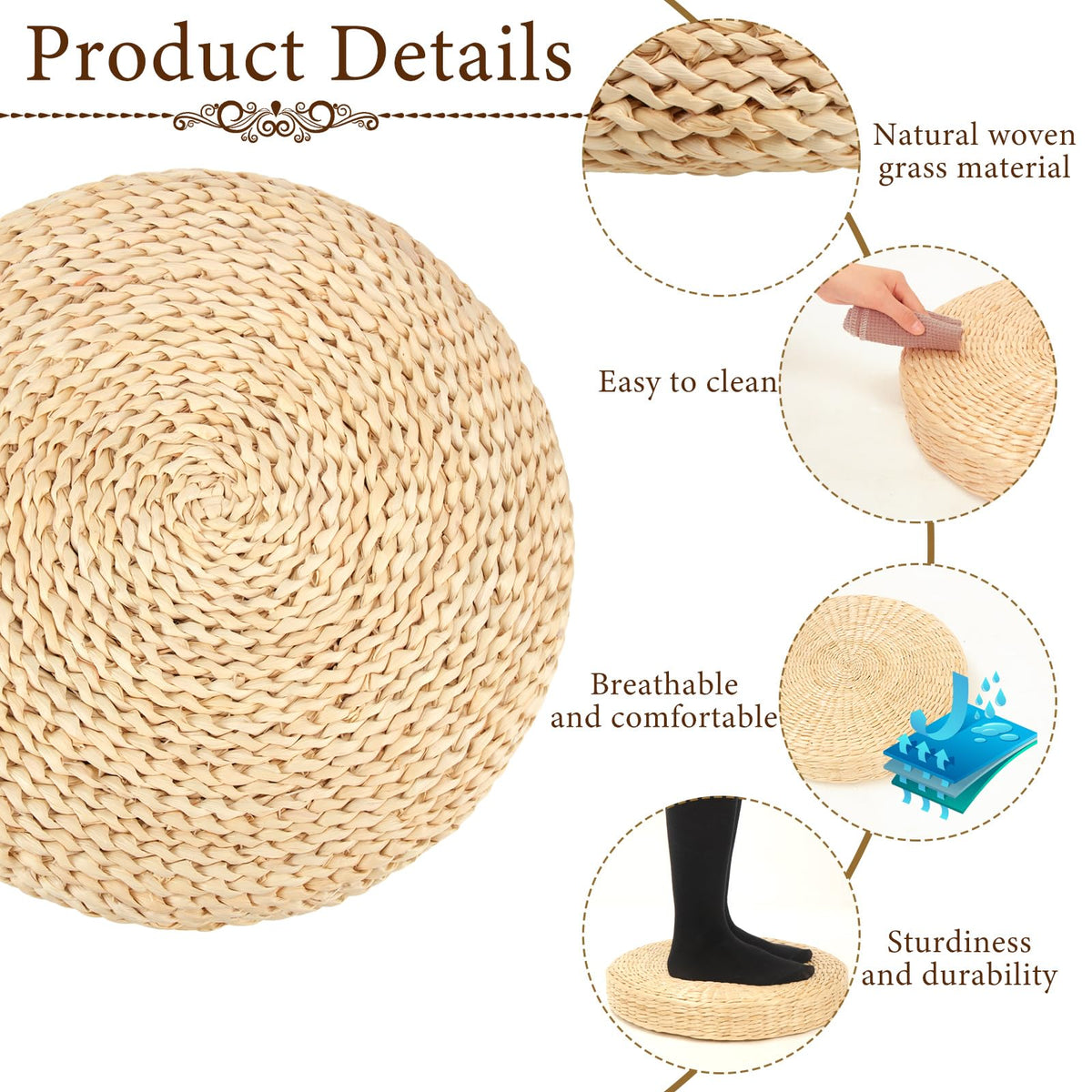 6 Pcs Straw Floor Cushions Round Large Tatami Floor Pillow Cushion