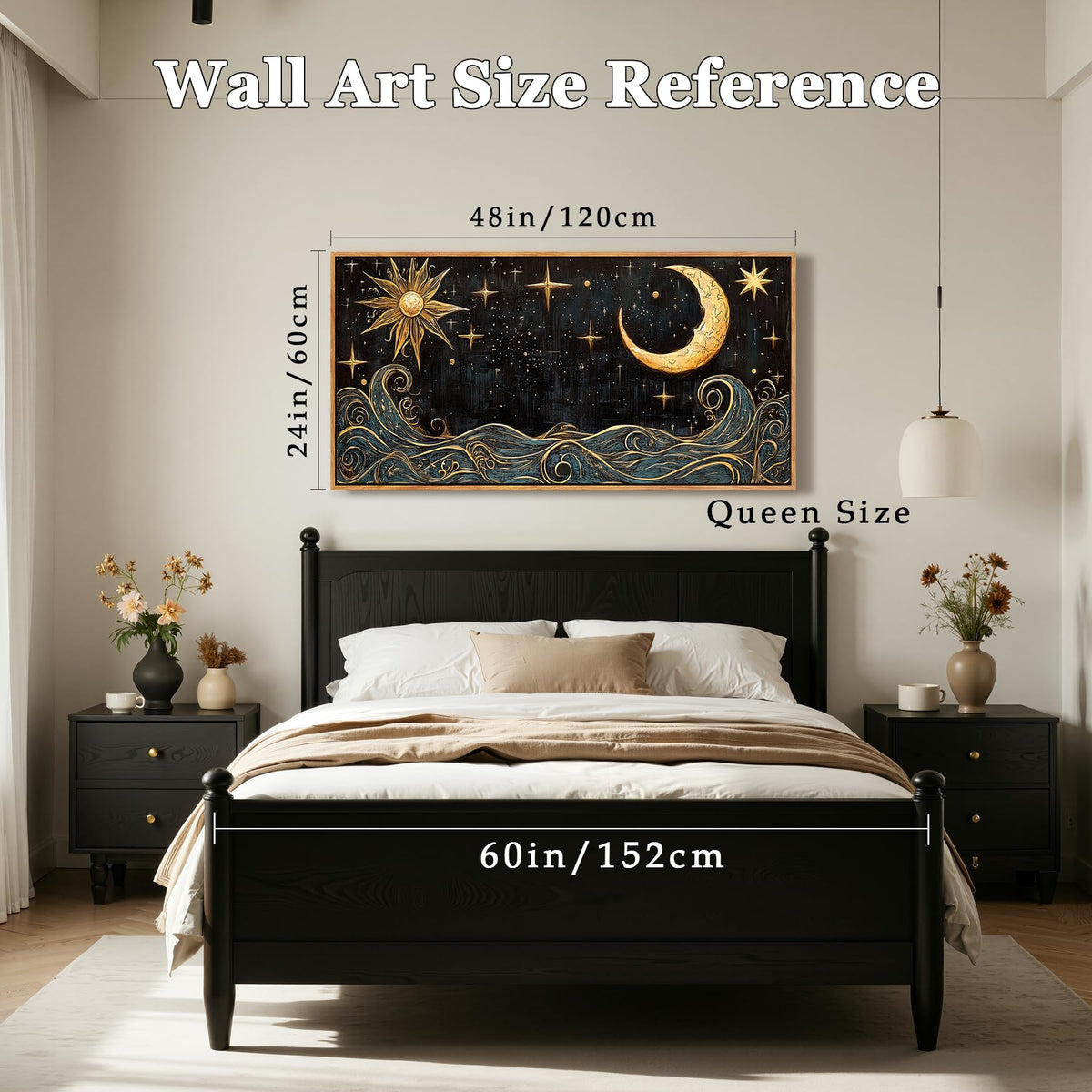 Sun Moon Celestial Large Framed Wall Art Witchy Decor Navy Gold (Sun and Moon / 48"L x 24"W)