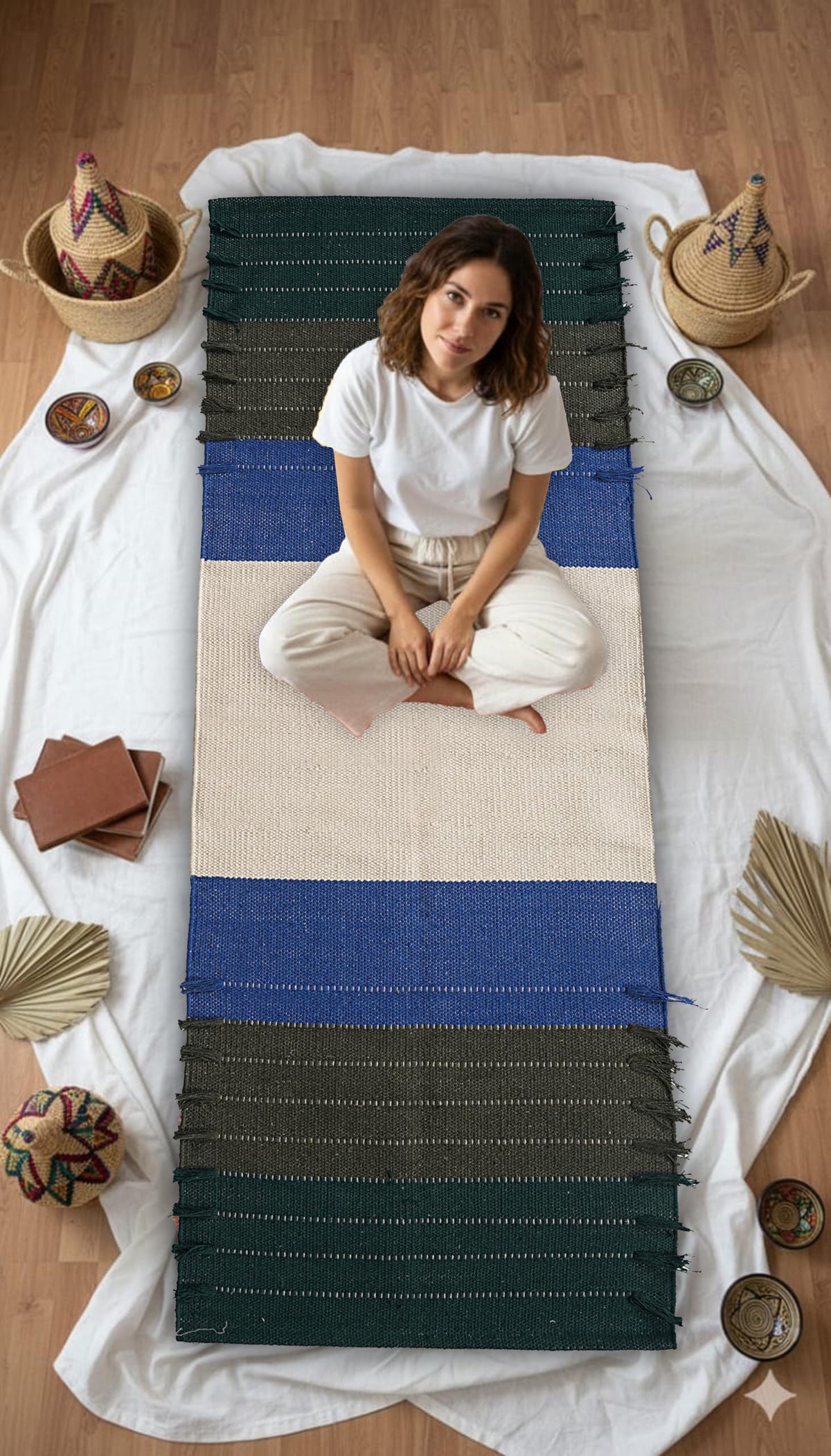 Indian Handmade 100% Organic Cotton Yoga Mat (White & Blue)