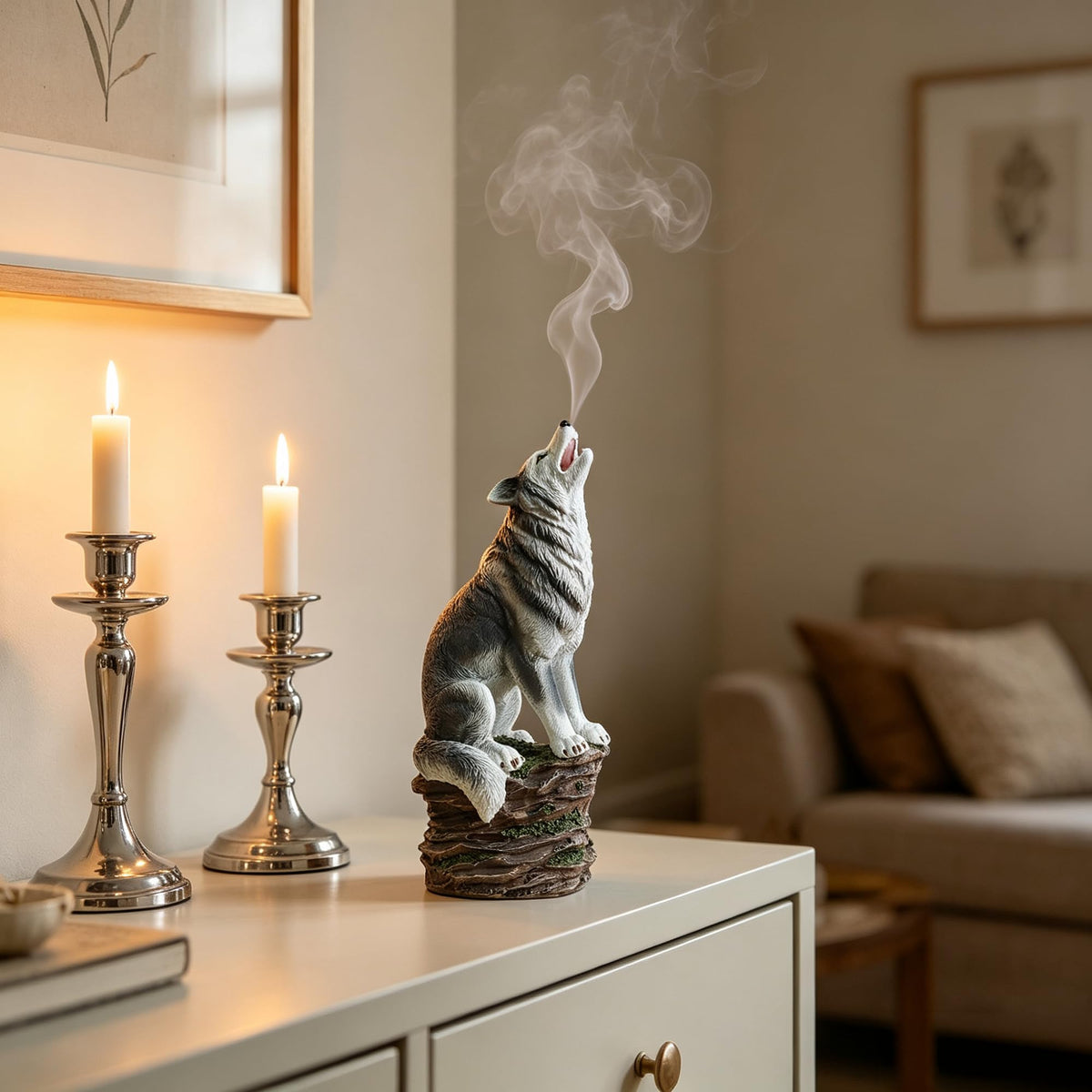 Resin Wolf Decor Statue & Incense Cone Burner (Gray Wolf)
