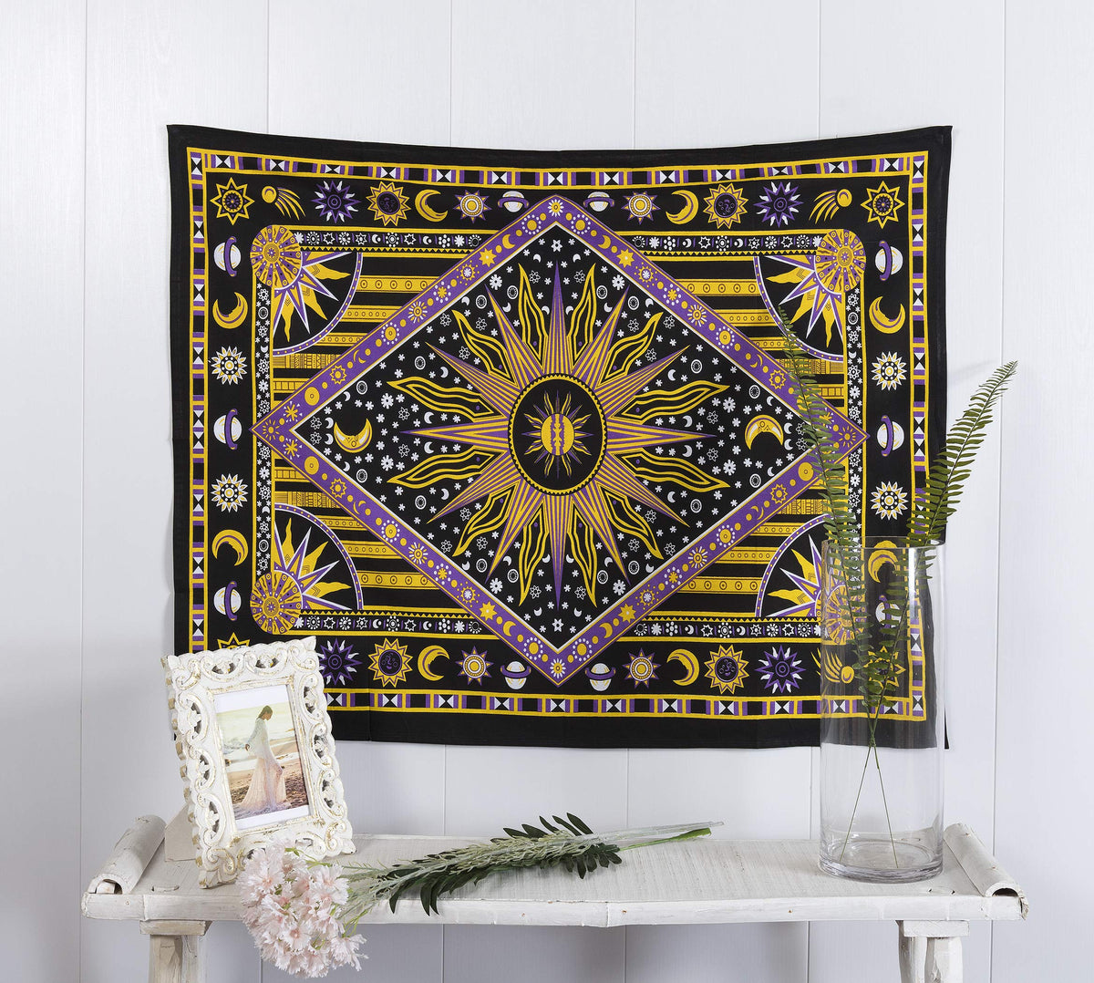 Wall Hanging Tapestry For Bedroom Hippie Burning Sun and Moon Meditation Bohemian Hippy Psychedelic Design Indian Tapestries Bedspread 30 x 40 Inches (40"L x 30"W / Purple Yellow)