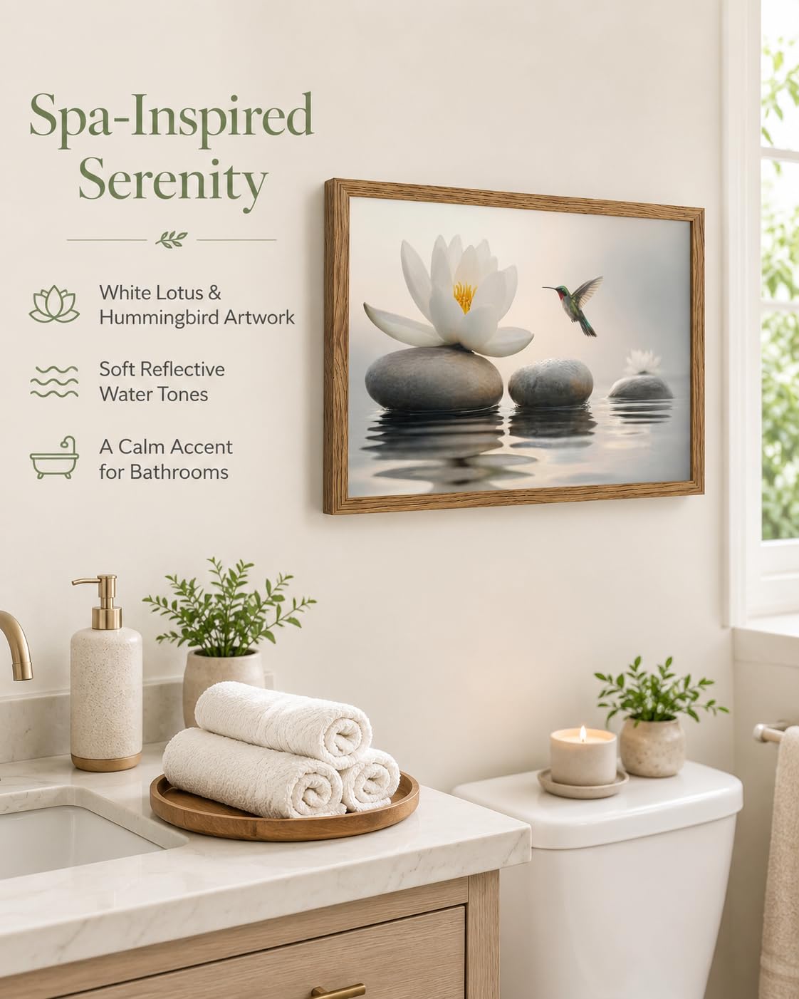 Wood Framed Zen Stone Wall Art Spa Lotus Flower Hummingbird Wall Decor (Hummingbird / 16"L x 24"W)