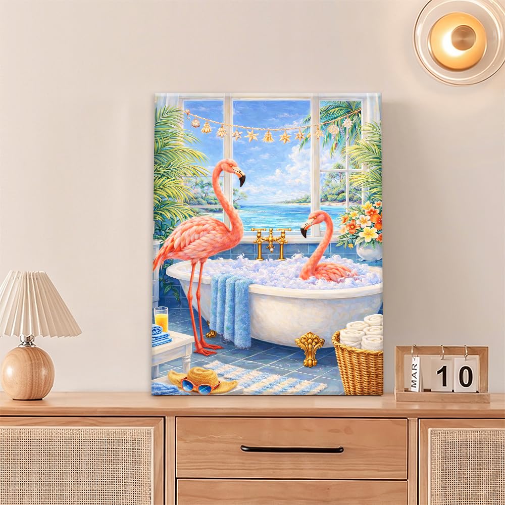 Bathroom Flamingo Wall Art Pink Flamingo in Bathtub Wall Decor Coastal Canvas Painting for Bathroom Toilet 16"x20" (Bathroom Flamingo / 20"L x 16"W)