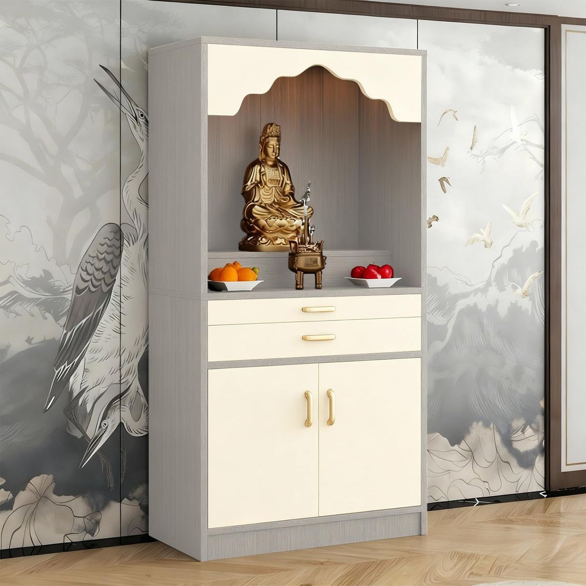 Altar Table Wood Meditation Prayer Table (Beige + Light Gray Wood / 27.6" x 15.7" x 63.8")