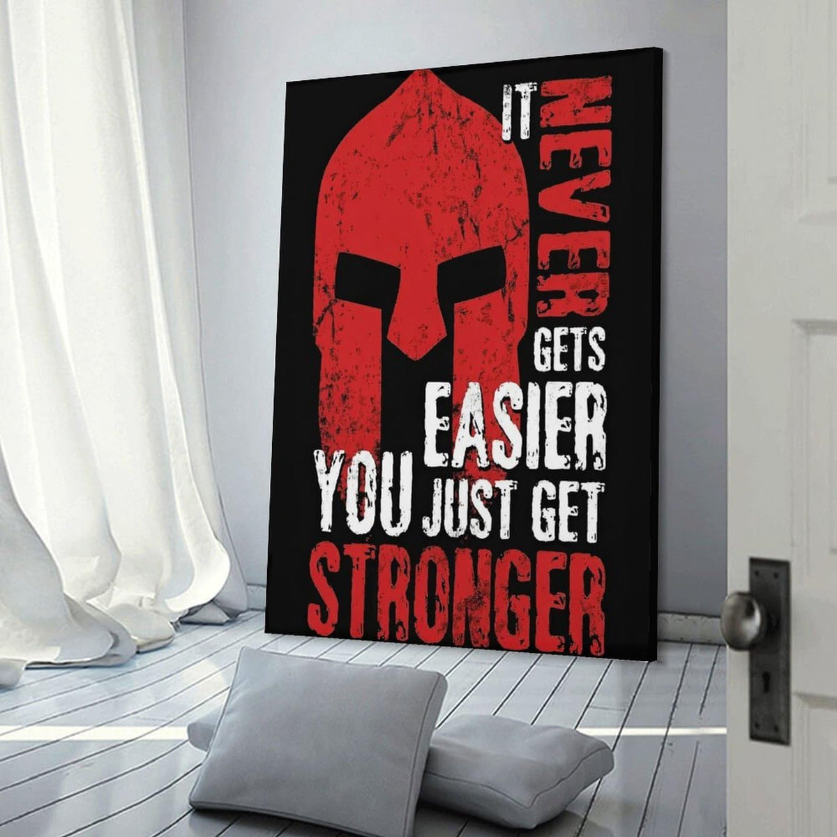 Spartan Warrior It Never Gets Easier You Just Get Stronger Canvas Printing Wall Art Prints Wall Decor Posters Red Black Typography Motivational Gym Bedroom Office Living Room Decor 12x18inch (style-14 / 12x18inch(30x45cm) Frame)