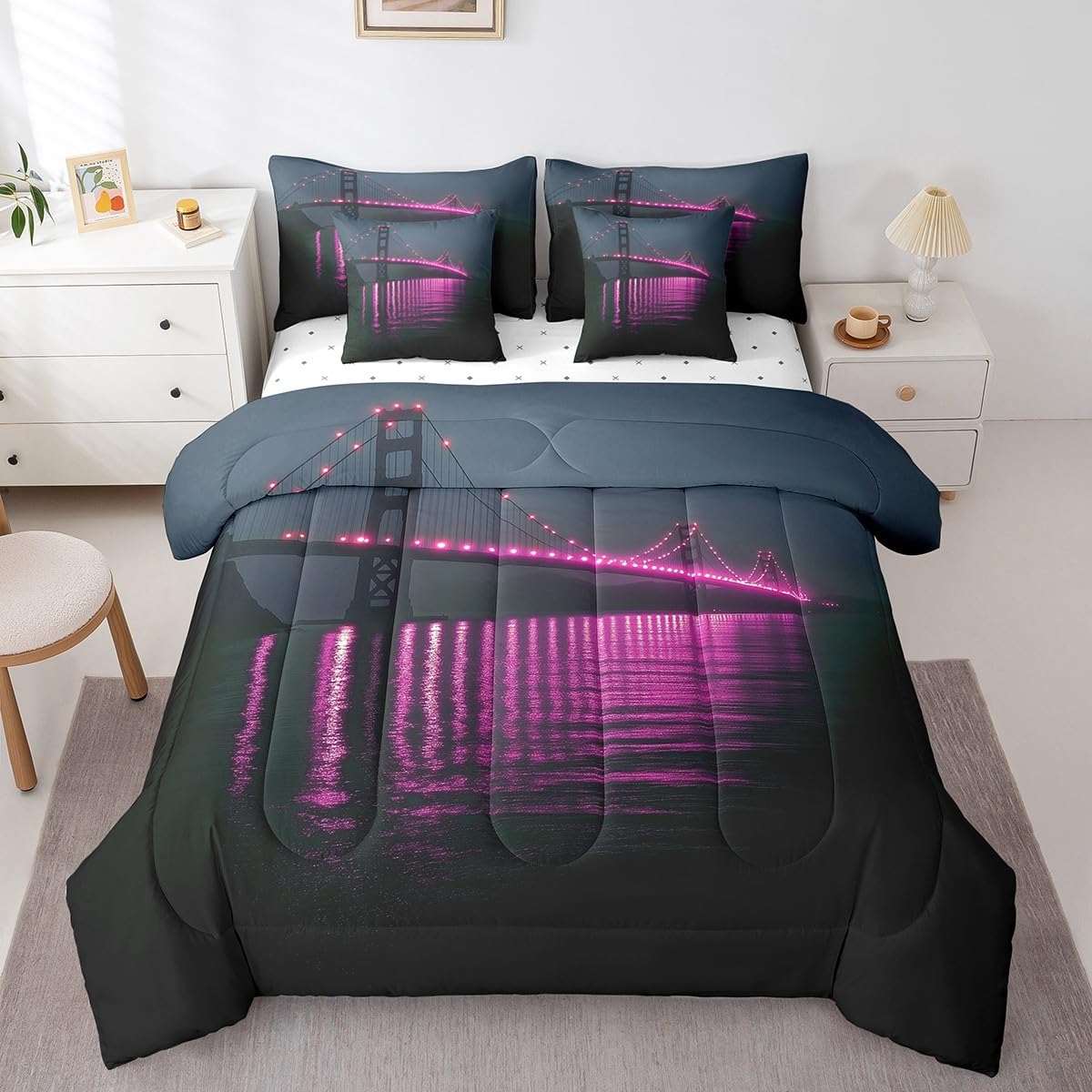 Golden Gate Bridge Comforter Set with Sheets Queen Size Kids Nightscape 7 Piece Bedding Set All Season Teens City Scenery Bed in A Bag Breathable Soft Black and Purple Room Decor (Dull Black and Purple / Queen)