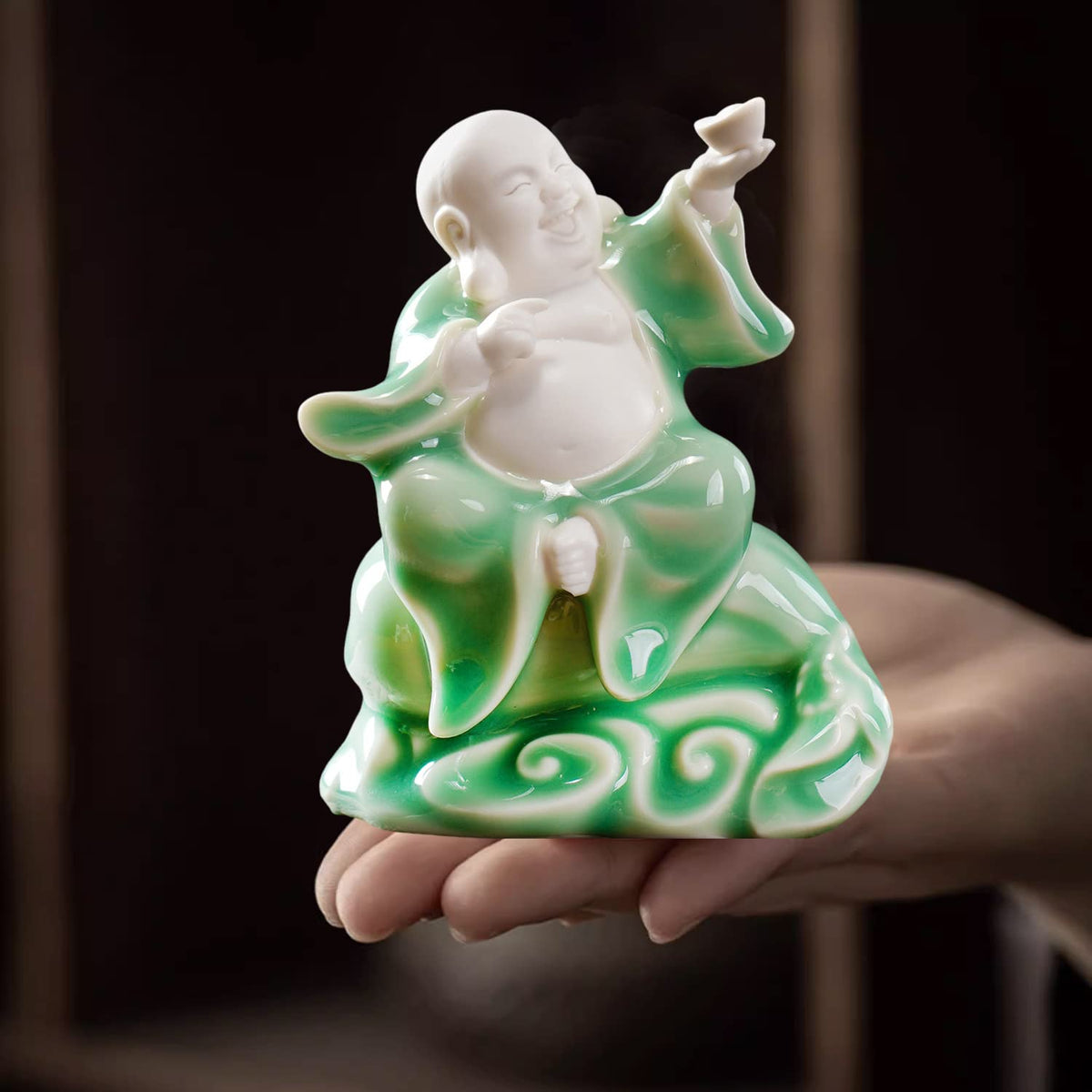 Small Green Fat Laughing Buddha Statue for Good Luck (Money Buddha)