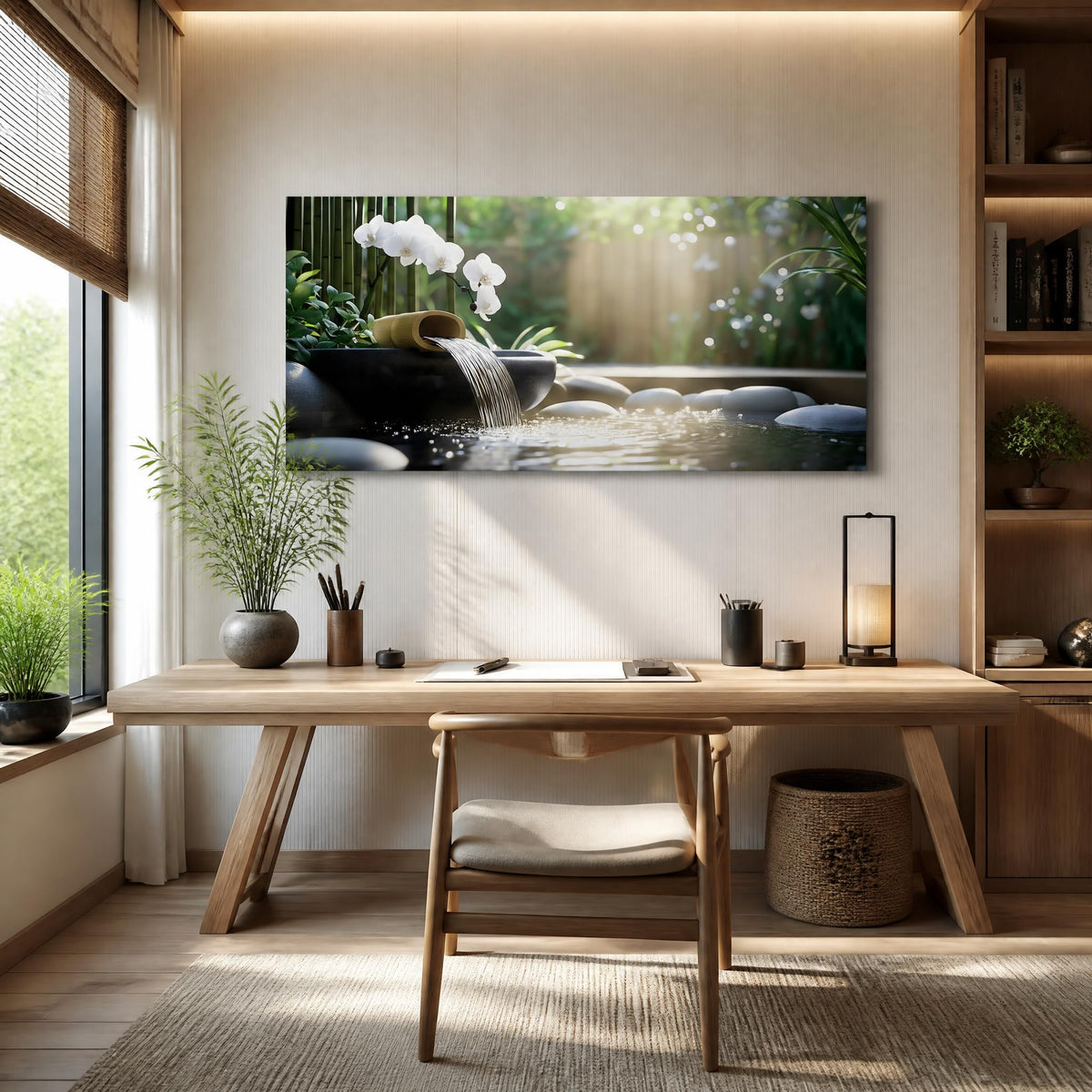 Zen Garden Canvas Wall Art Bamboo Water Fountain White Orchid Painting Flat Print Gallery Wrapped Relaxing Artwork for Living Room Bedroom Bathroom Decor (Mysterious / Black Orchid Waterfall 31 / 40"L x 20"W)