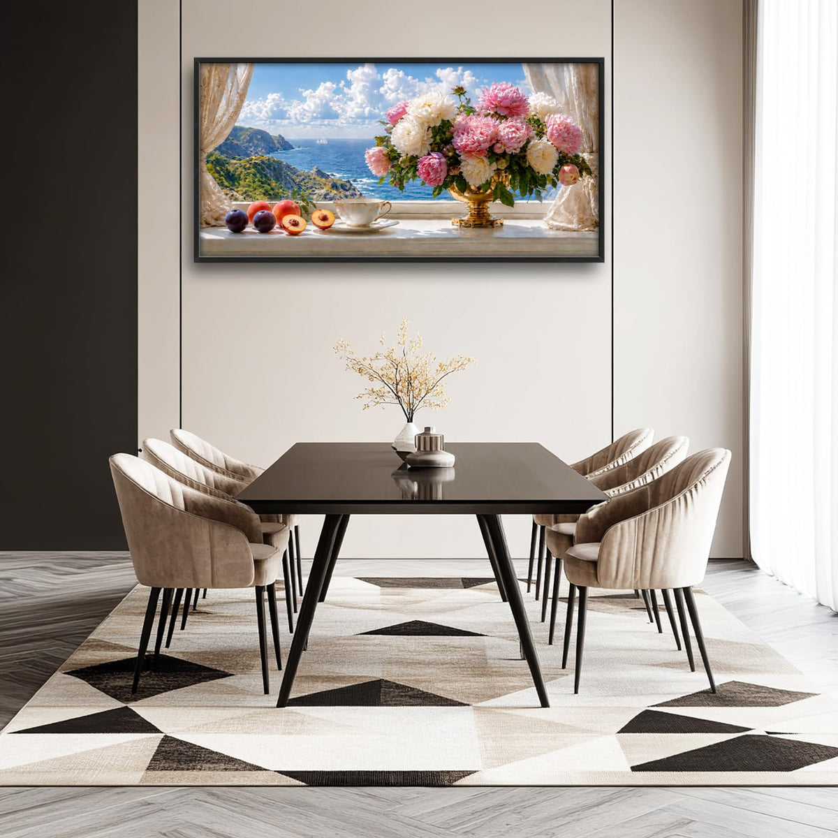 Peony Flower Ocean Large Wall Art Coastal Window Landscape Canvas Framed Wall Decor Floral Seaside Pictures Painting Beach Artwork for Living Room Bedroom Office 30"x60" (Peony Flower / 60"L x 30"W)