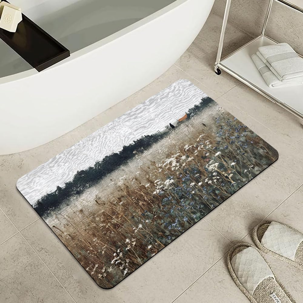 Bath Mat Bathroom Rug (Small White Blue Blossoms / 20 x 31 inches)