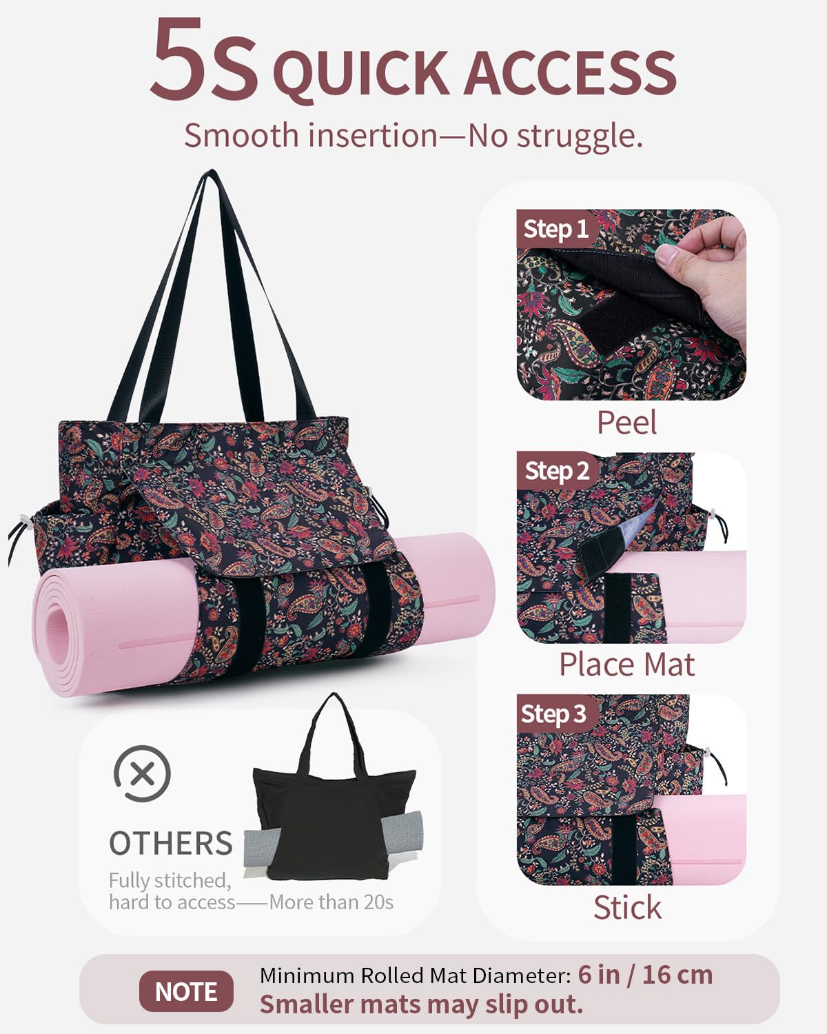 Yoga Mat Bag Waterproof Tote Gym Bag Mat Carrier W (Black Floral)