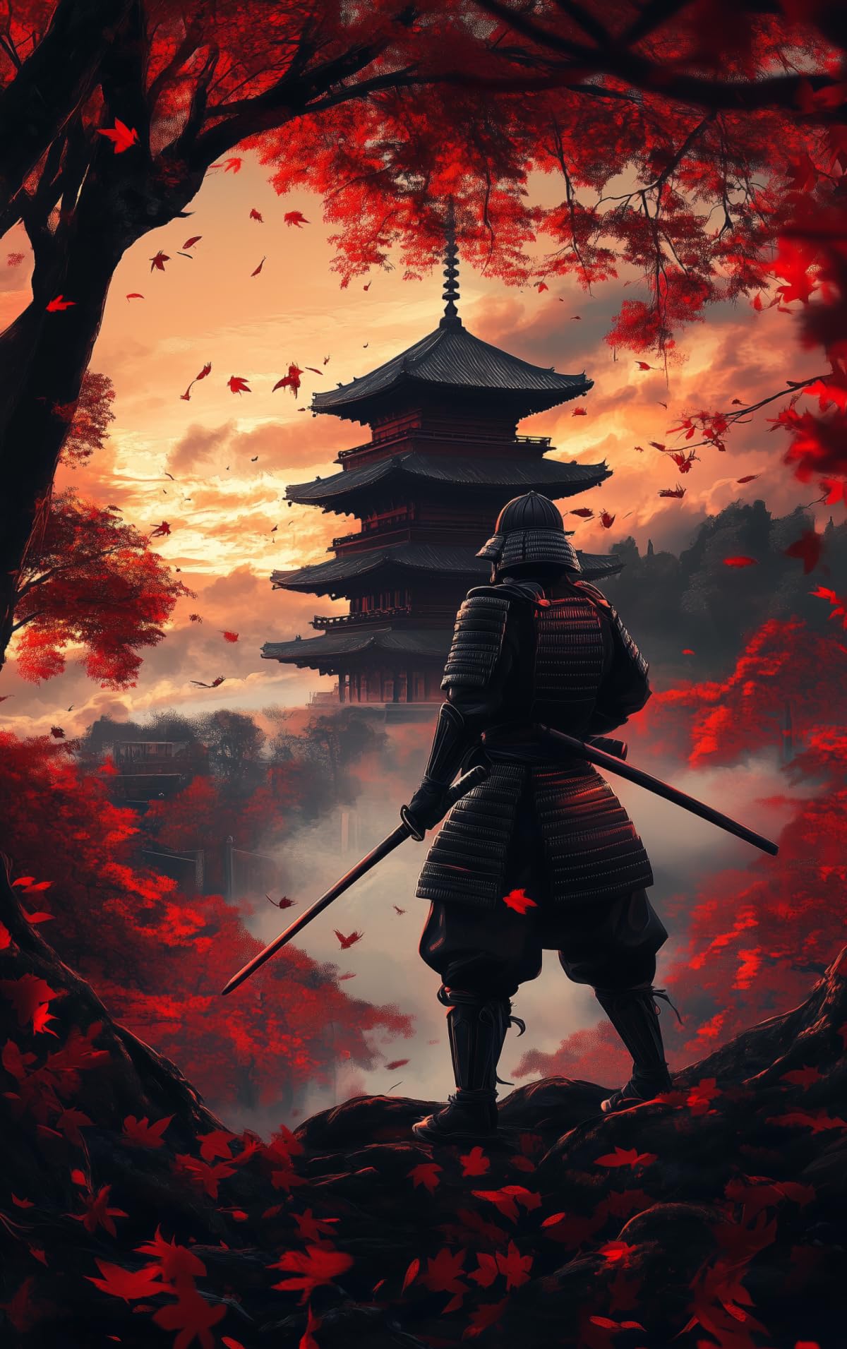 Sunset Maple Armored Samurai & Pagoda Canvas Wall Art (12"L x 16"W / Samurai12)
