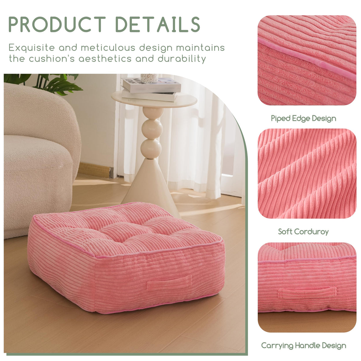 8" Extra Thick Floor Pillow Cushion for Adults (Square Pink / 8" Thick(Pack of 1))