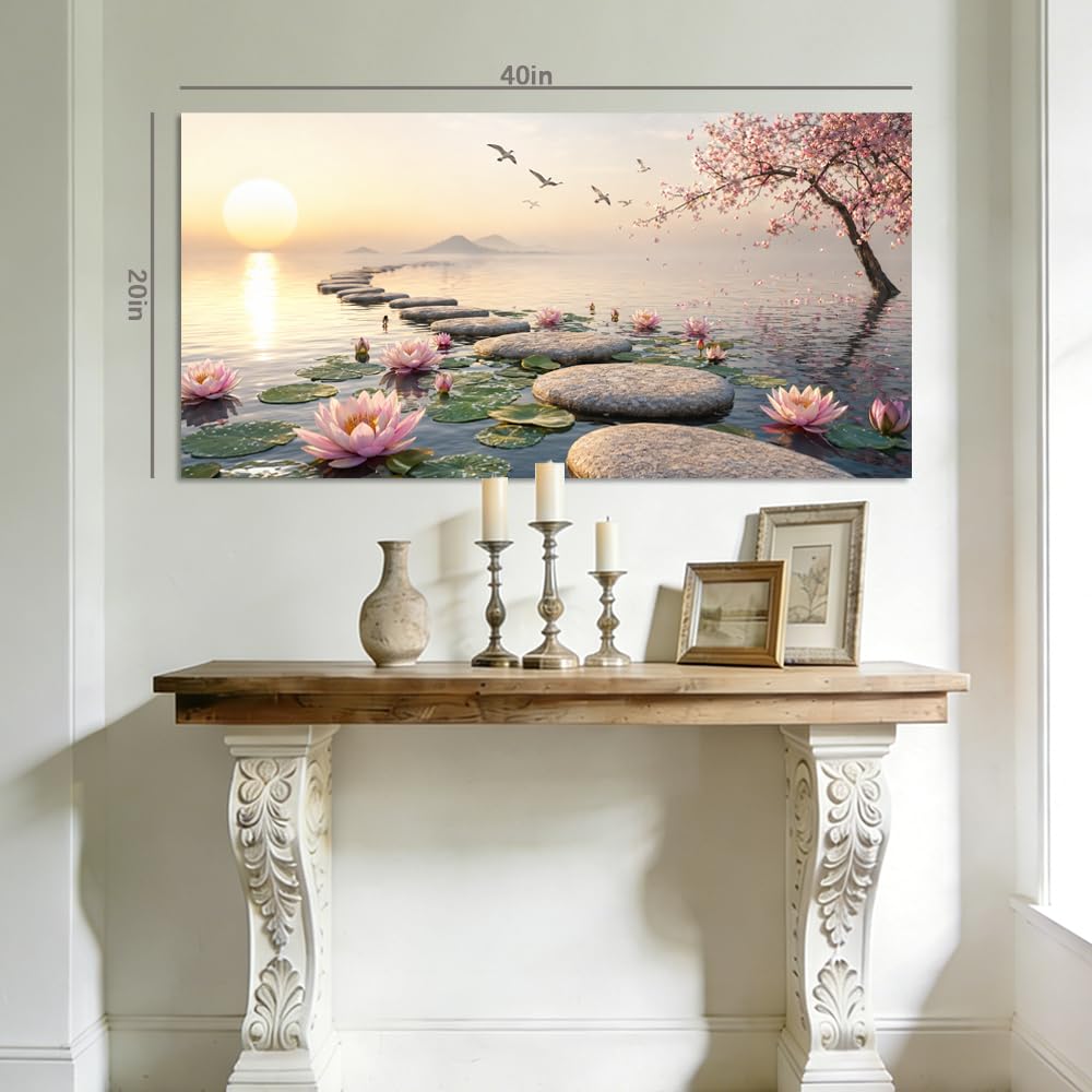 Serene Sunset Lake Canvas Wall Art Pink Water Lily & Cherry Blossom Painting Zen Stepping Stones Nature Print Gallery Wrapped Artwork for Living Room Bedroom Bathroom Decor (Coastal / Zen Garden 39 / 46"L x 23"W)