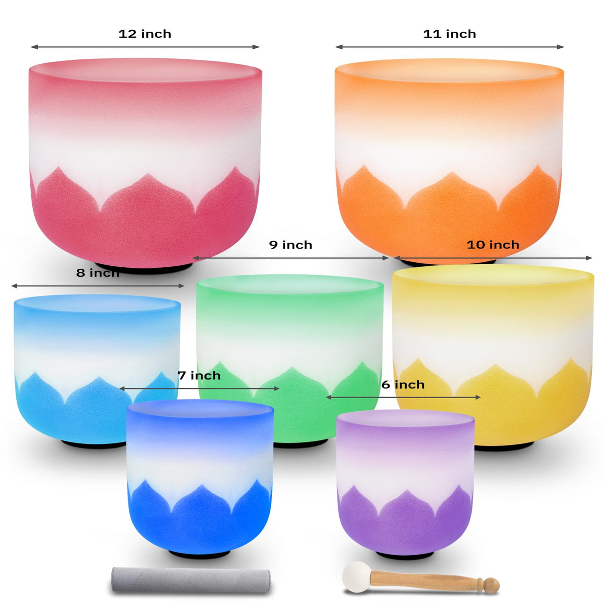 6 12 inch Lotus Design Colored Rim Chakra Tuned 432hz Set of 7 Quartz Crystal Singing Bowls with Heavy Duty Carrying Cases and Singing Bowl Mallet Suede Strikers (Set of 7, 6-12 inches / Lotus design with colored edge)
