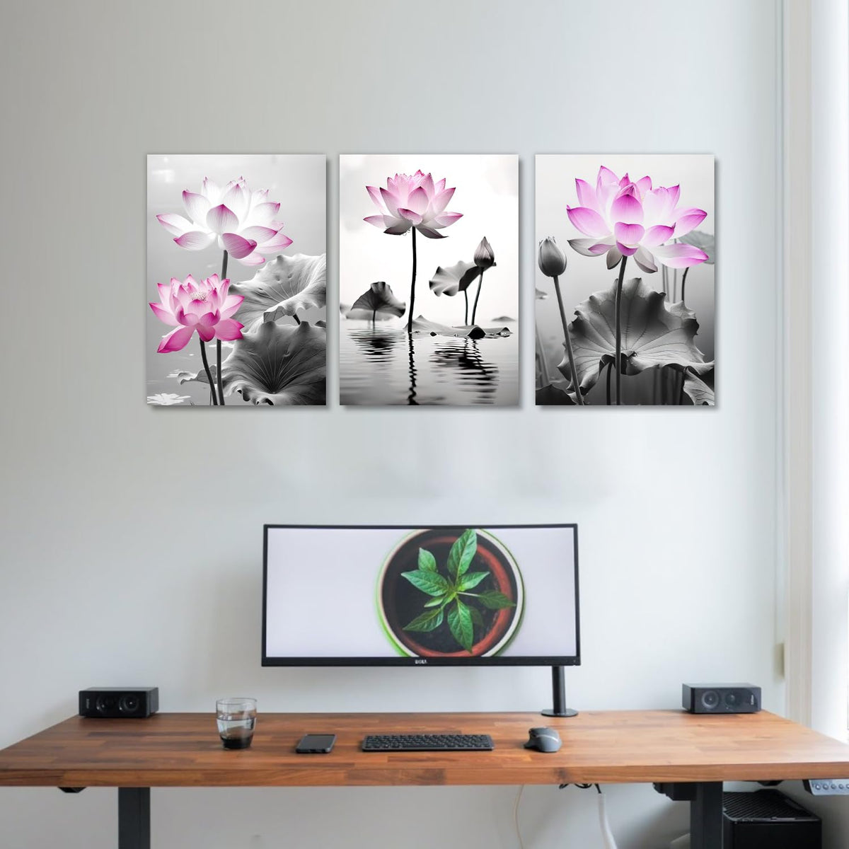 Lotus Canvas Wall Art 3 Pieces Pink Flowers in River Pictures Prints Wall Decor Black and White Painting Artwork for Bathroom Living Room Bedroom Office Home Decor (Lotus-6 / 12.00"x16.00"x3P)