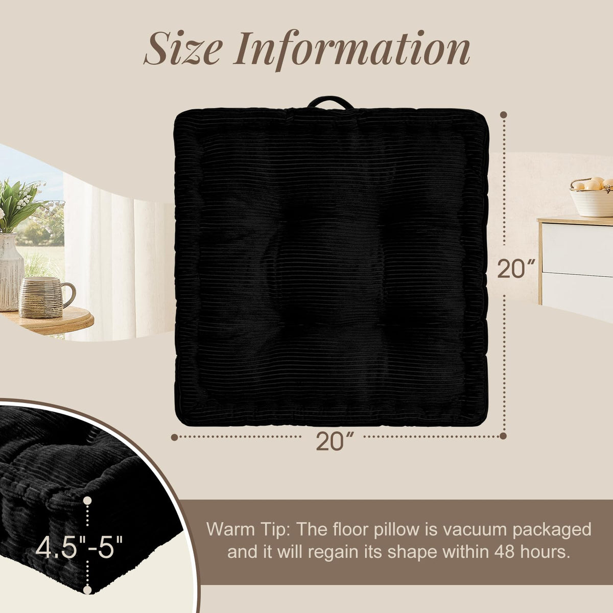 Square Floor Pillows for Adults Kids (Black / 1 Pack (20"x20"))