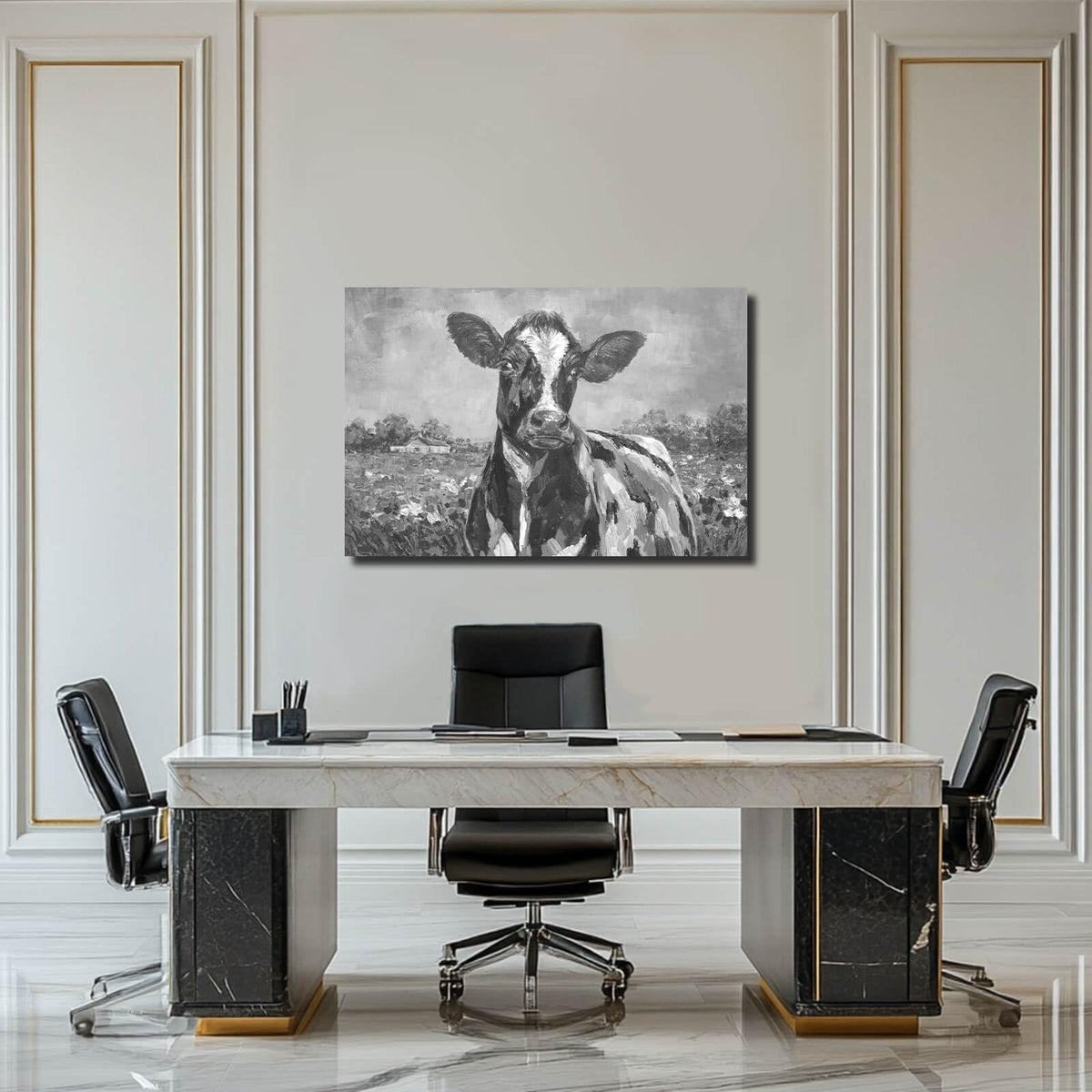 Funny Animal Wall Art Spring Pictures Wall Decor Grey Wall Decoration for Dining Room Living Room Office 24"×36" Ready to Hang (36"L x 24"W / Black & white cows)