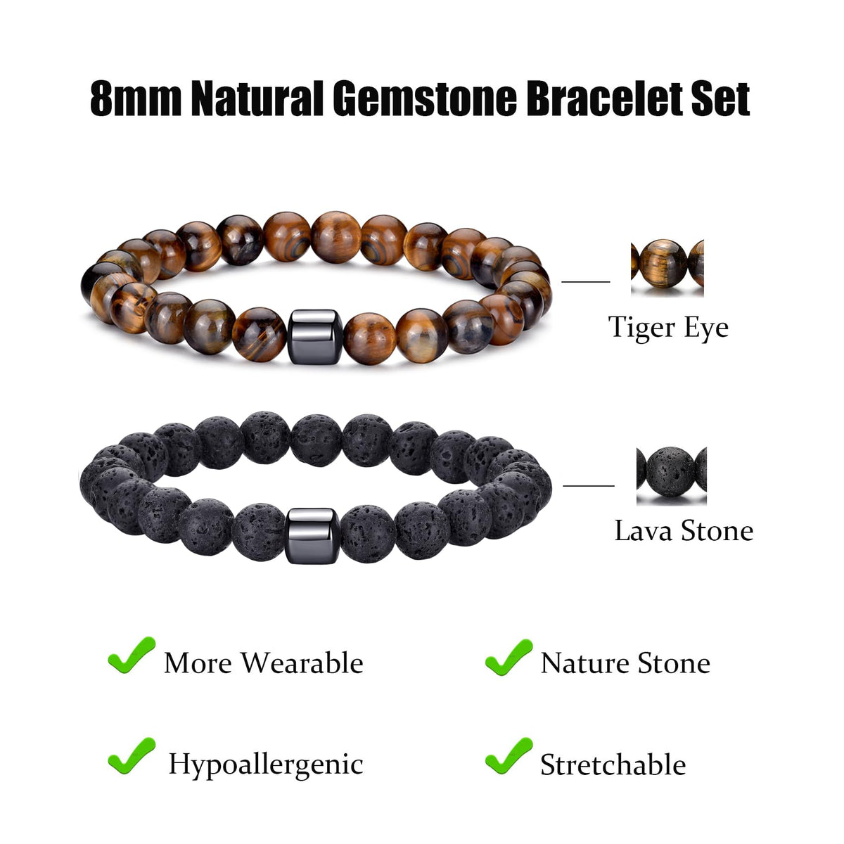 Tiger Eye Bracelet For Men 8MM Natural Stone Beads Bracelet Set Stretch Lava Rock Bracelets Adjustable Black Crystal Beaded Bracelet for Men Women Gifts (2,lava rock,tiger eye bracelet)