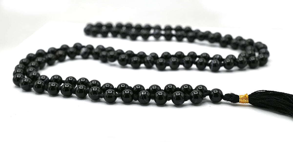 Black Banded Agate Sulemani Hakik Stone Buddhist Prayer Beads Japa Mala with 108 Meditation Beads (Hand Knotted / Black Banded Agate)