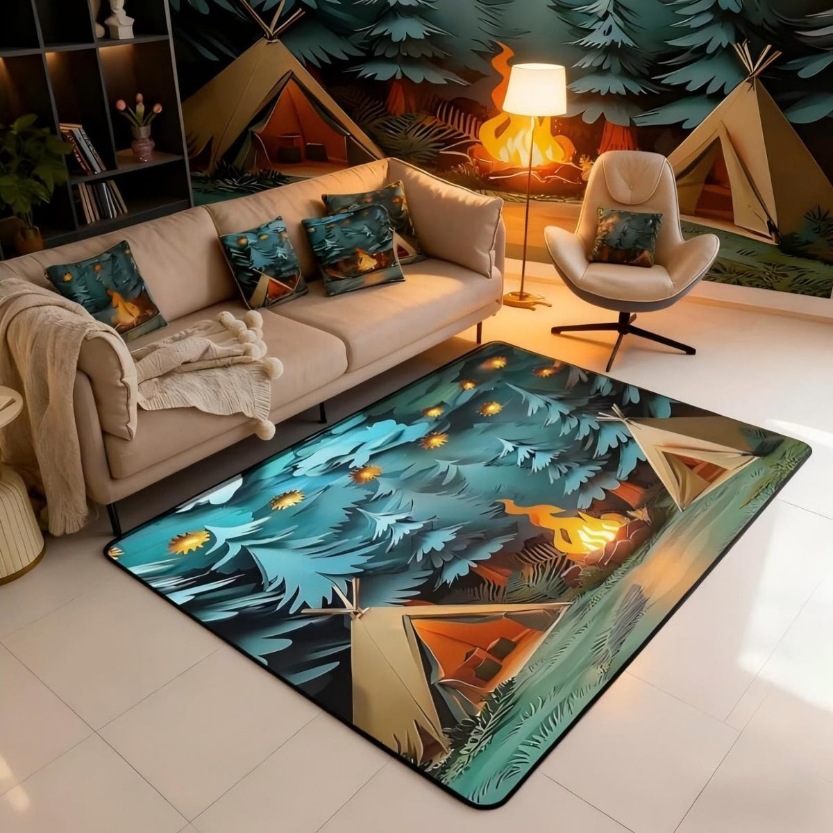Camping Large Area Rug 5x7 Woodland Camp Living Room Rug (Brown Green / 4'11" x 6'6" (Rectangular))