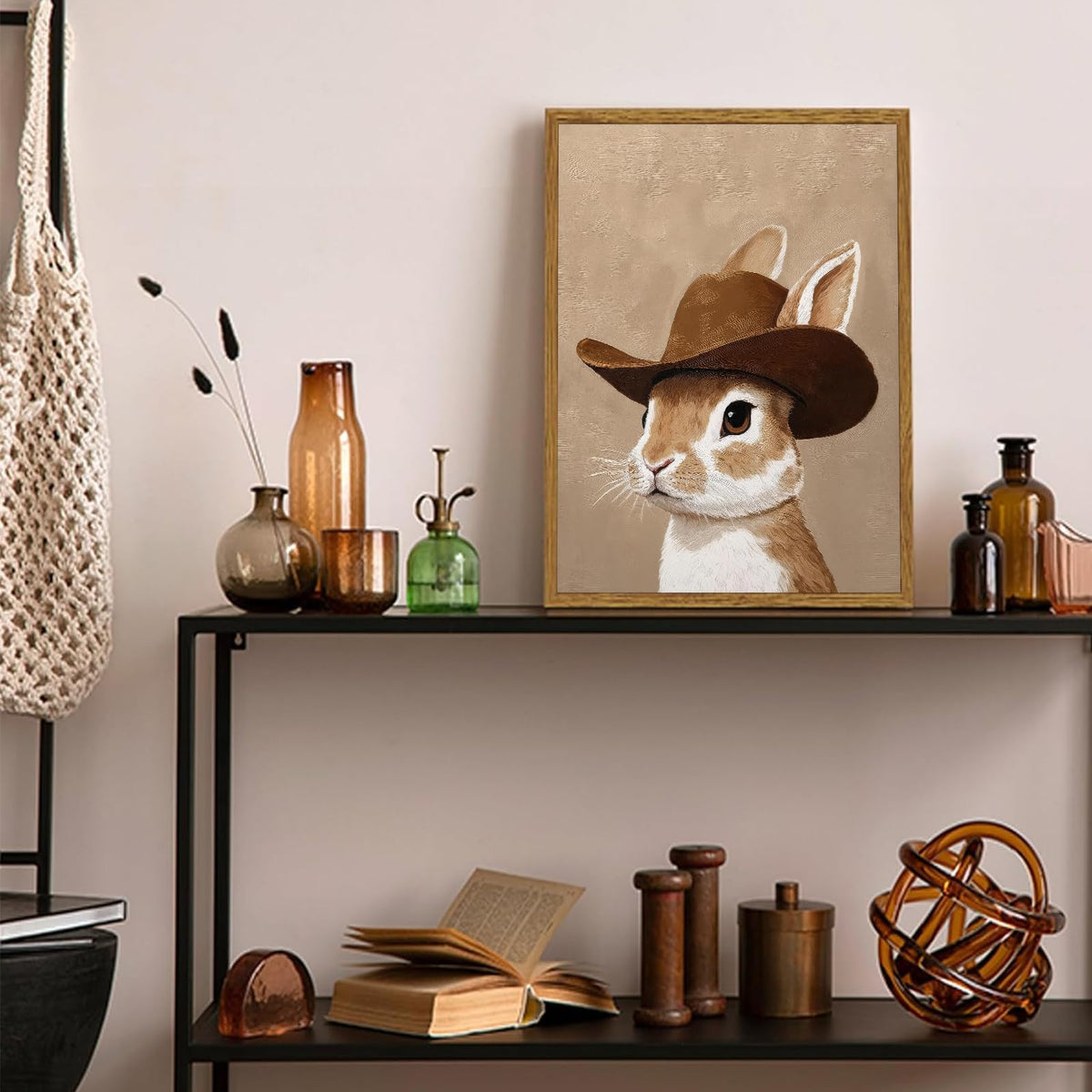 Bunny cowboy canvas wall art Brown western wall decor picture western nursery Poster Print Bunny Neutral Animal Painting Artwork for bathroom bedroom home decoration (Cowboy Bunny / 24"L x 16"W)