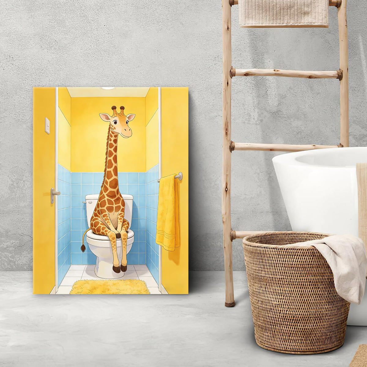 Bathroom Giraffe Canvas Wall Art Funny Toilet Print Framed ArtWork 12"x16" (Funny Giraffe / 16"L x 12"W)